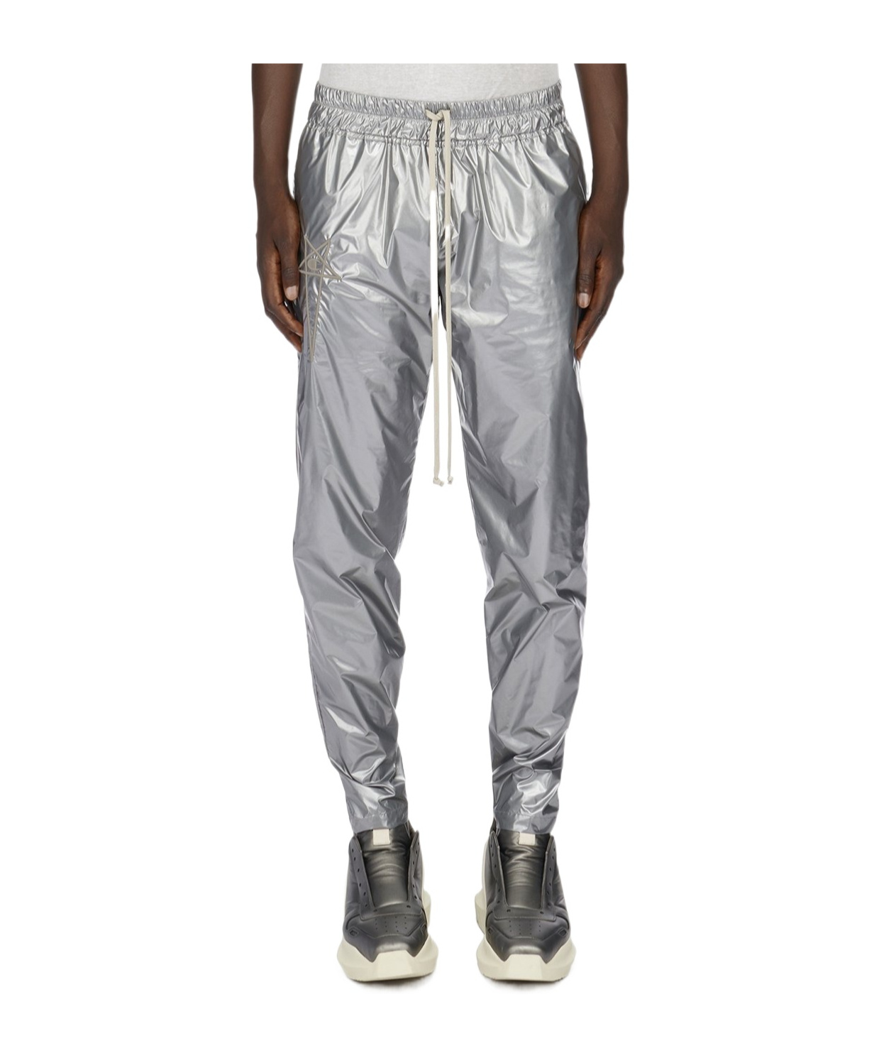 Rick Owens Logo-embroidered Metallic Track Pants In Gray