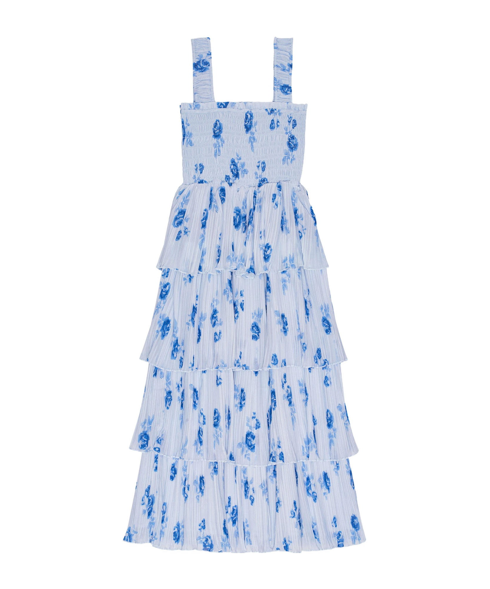Ganni Ruffled Shirred Pleated Georgette Midi Dress In Blue