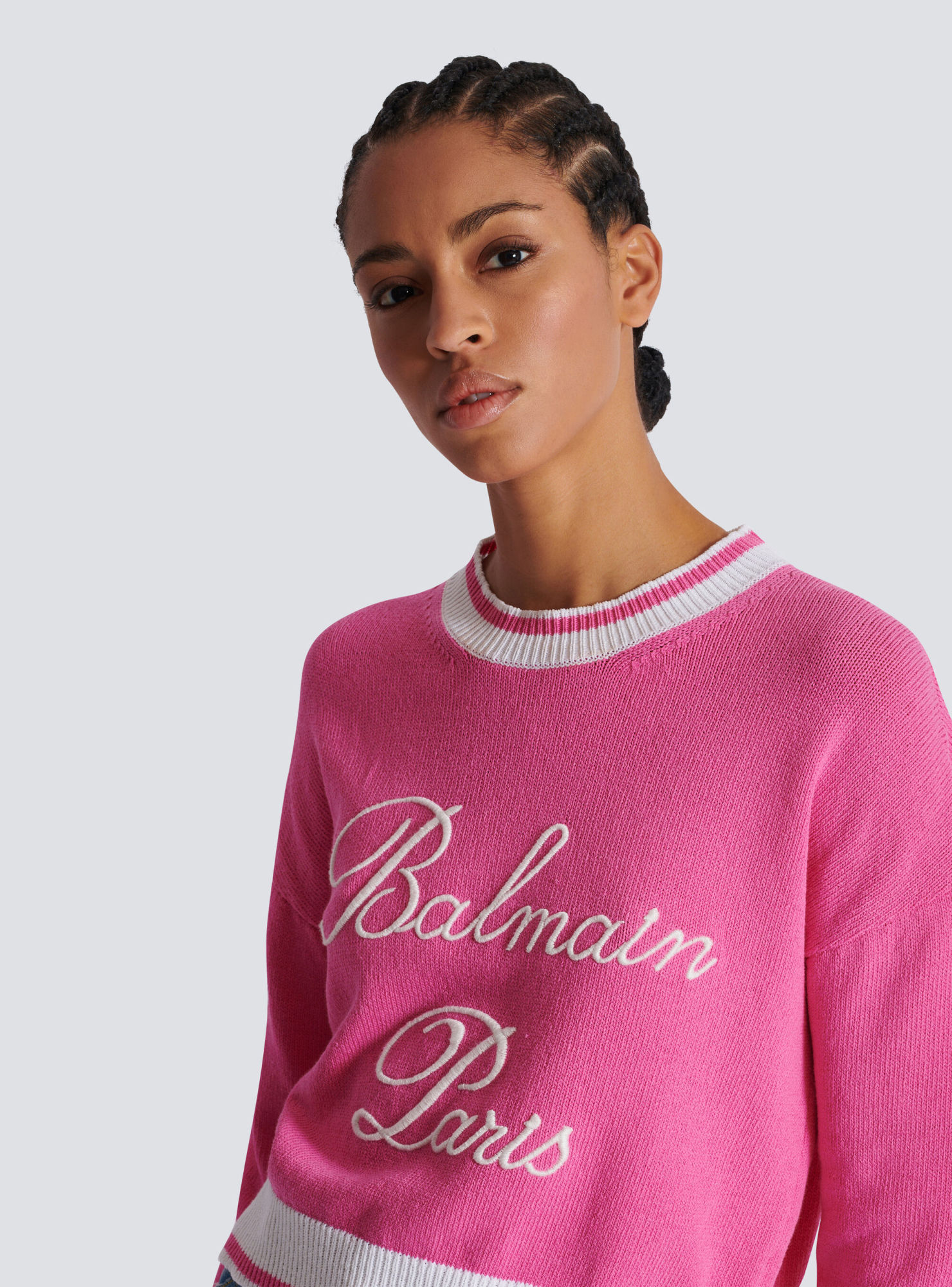 Balmain Cotton-blend Embroidered-logo Sweater In Pink