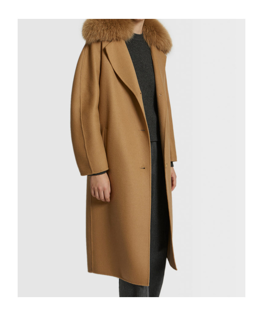 YVES SALOMON LONG BELTED COAT IN CASHMERE WOOL WITH FOX FUR COLLAR
