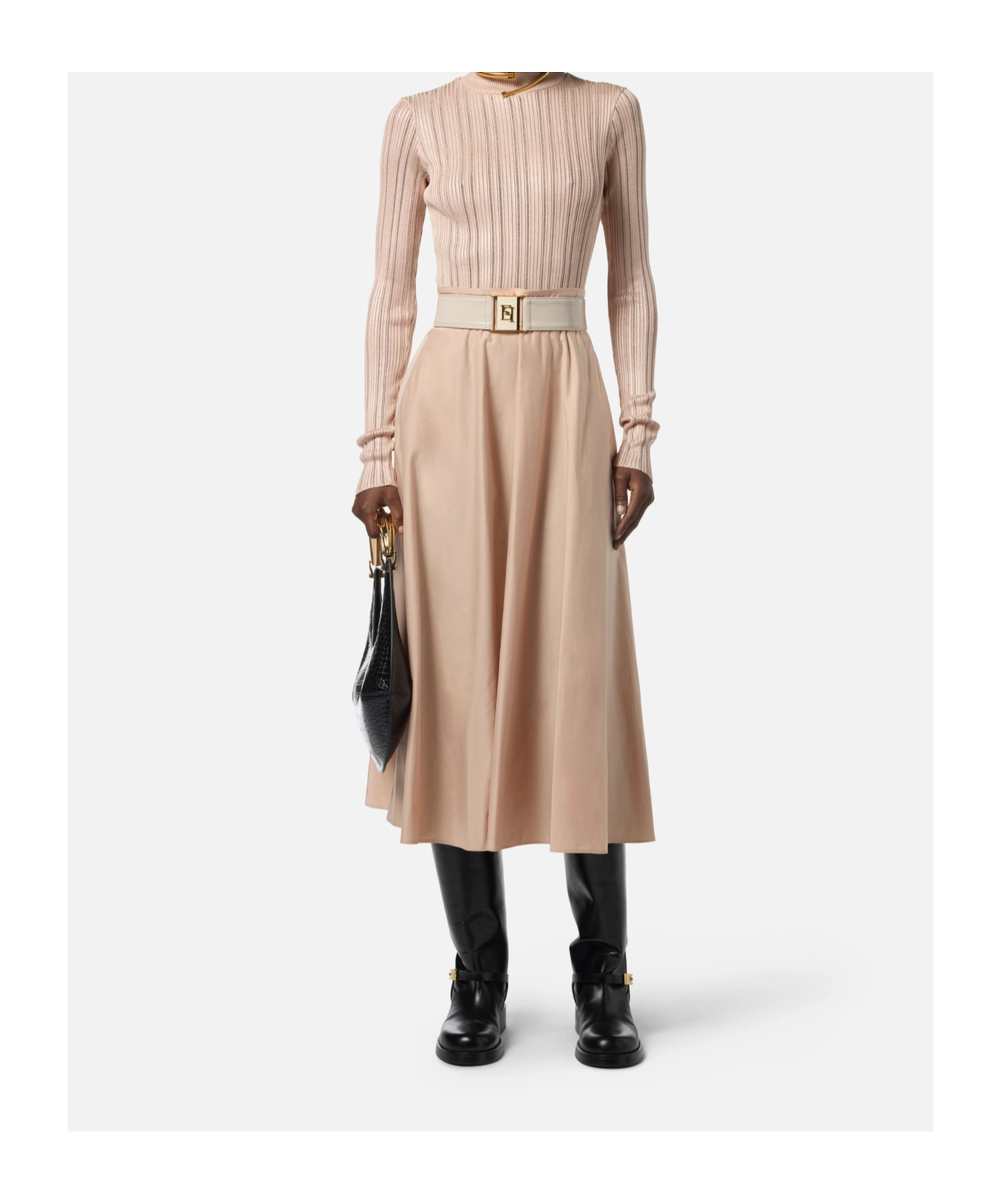Elisabetta Franchi Skirt In Voile Fabric With Belt In Neutral