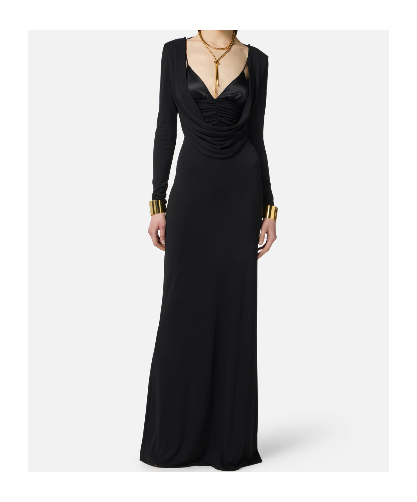 Elisabetta Franchi Draped Black Maxi Dress With Deep Neckline In Black