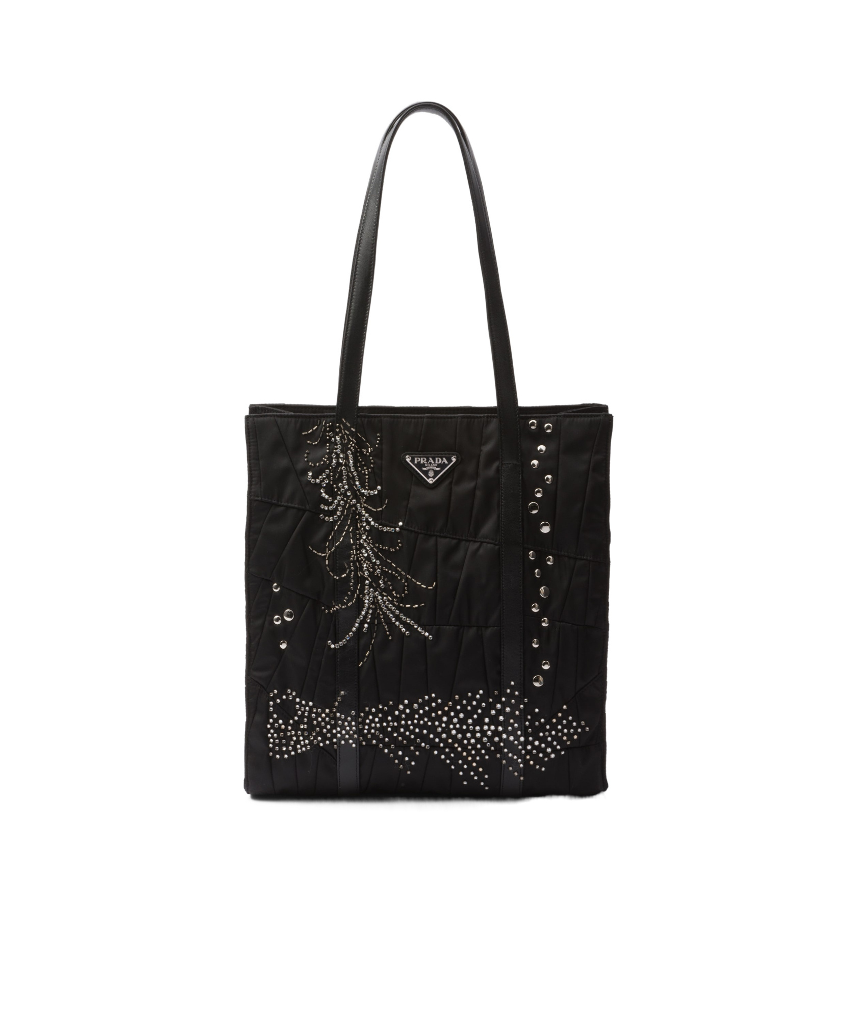 Shop Prada Medium Re-nylon Patchwork Tote Bag With Embroidery In Black