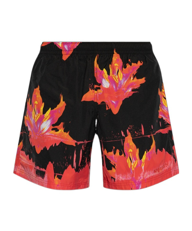 Alexander Mcqueen Lily Print Swim Shorts In Black