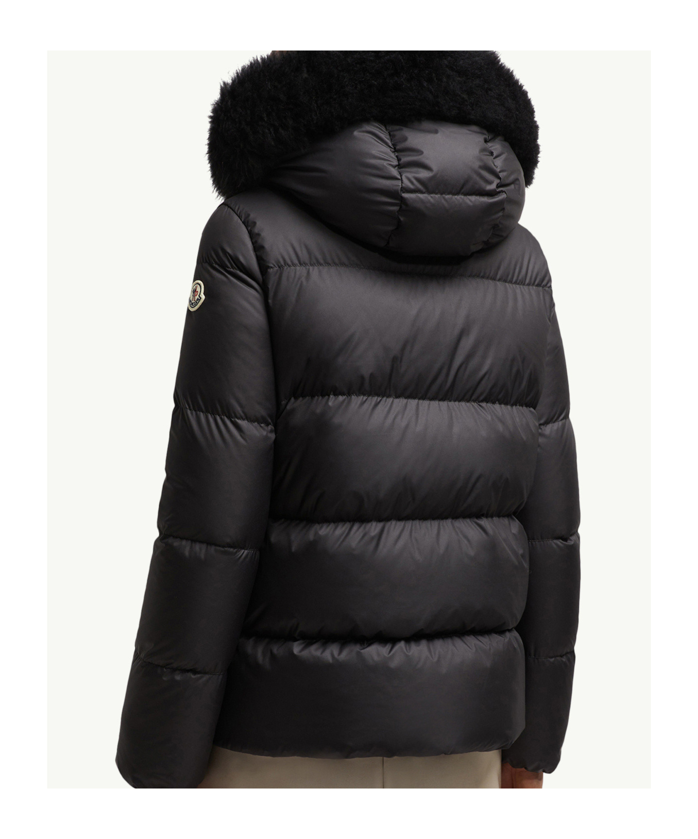 Moncler Laichefur Hooded Shearling-trimmed Short Down Jacket In Black