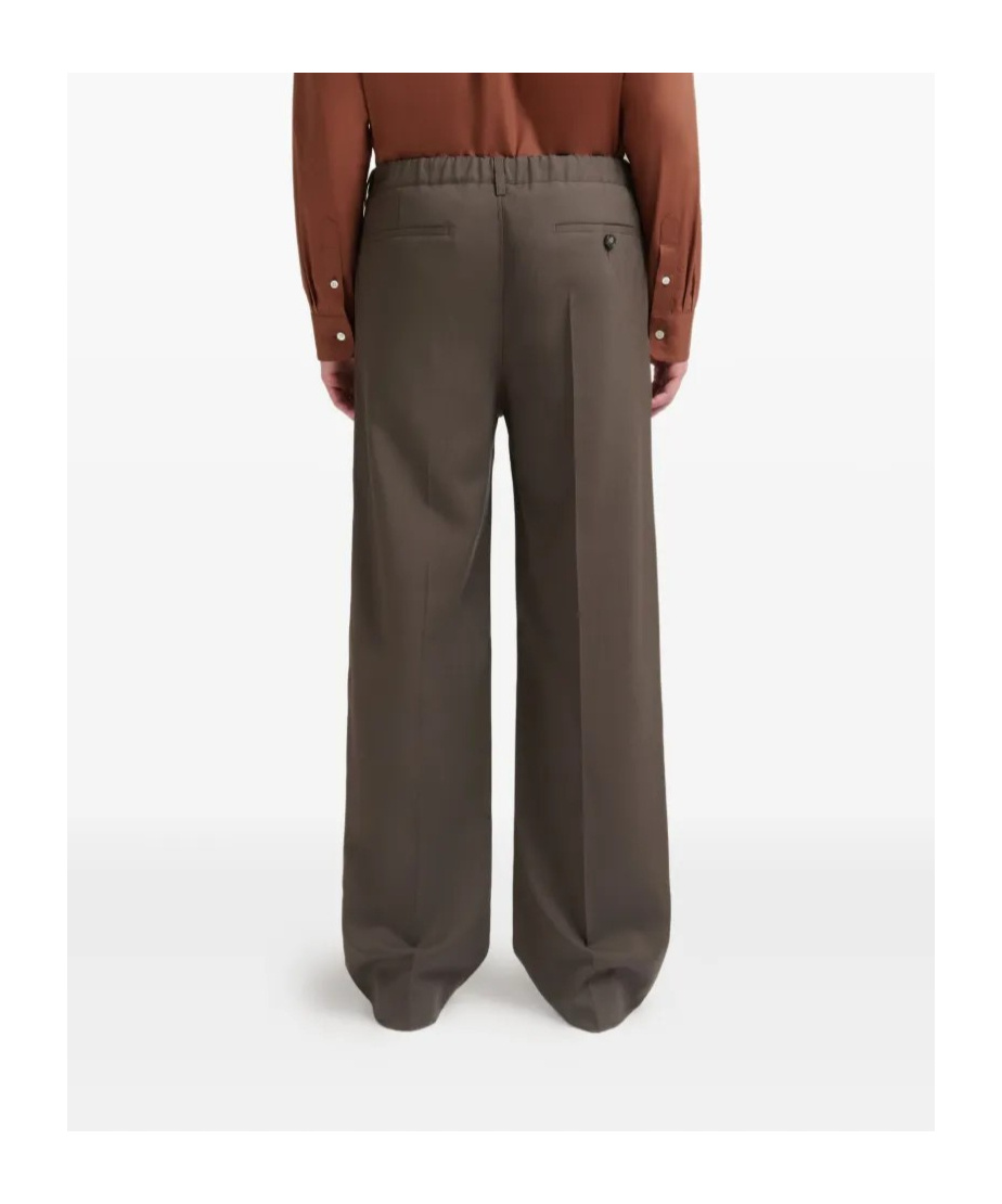 Marni Brown Wool Trousers With Elasticated Waistband In Green