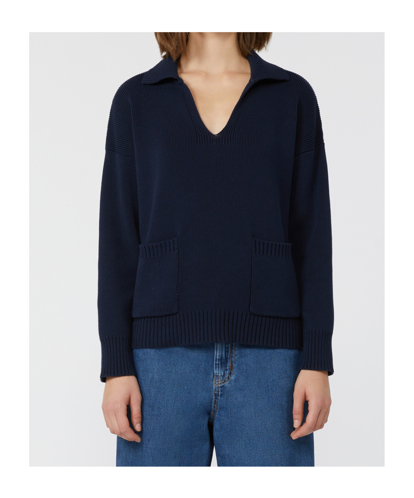 Weekend Max Mara Omens Navy Saloon V-neck Cotton Jumper In Blue
