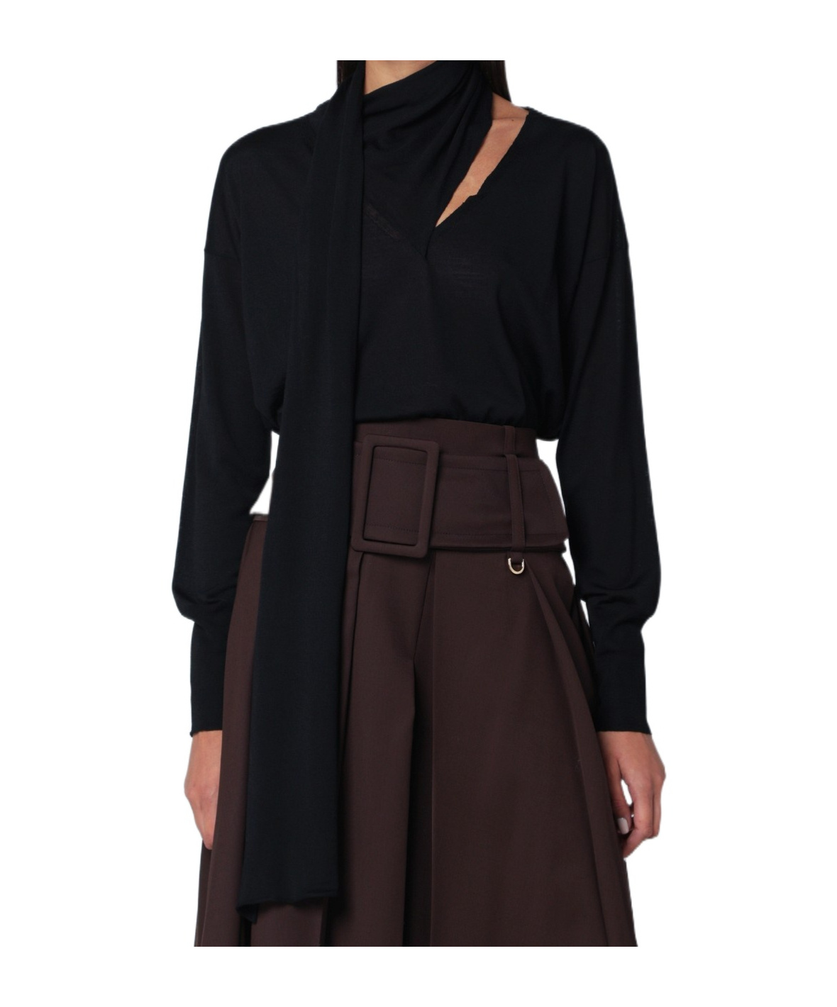 Roberto Collina Sweater Featuring Long Scarf Detail And V-neck In Black