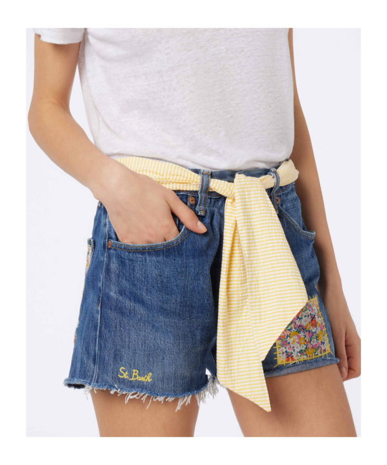 Mc2 Saint Barth Blue Arizona Attached-scarf Denim Shorts In Blue