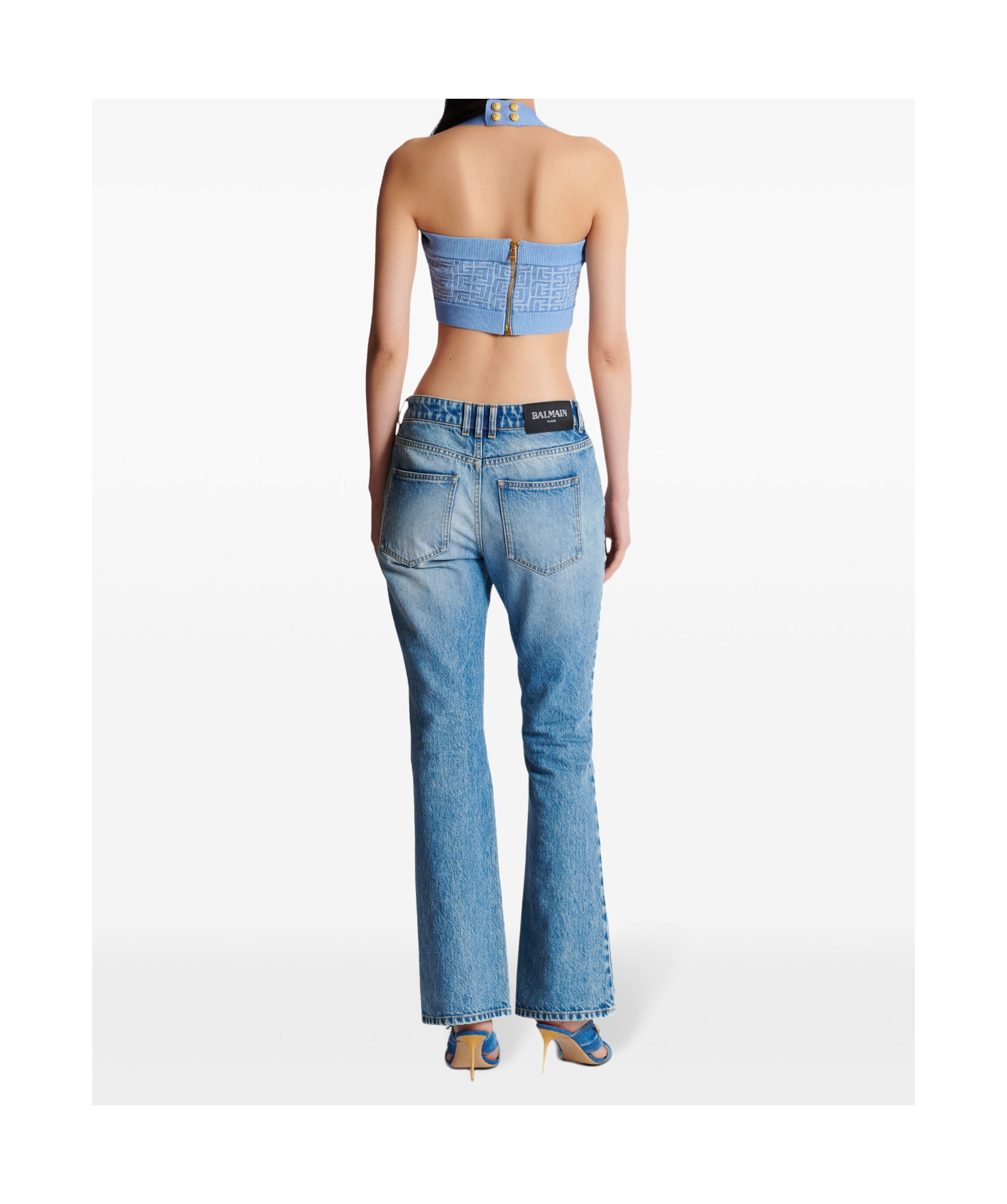 Shop Balmain Knit Halterneck Top With Pb Labyrinth Monogram In Blue