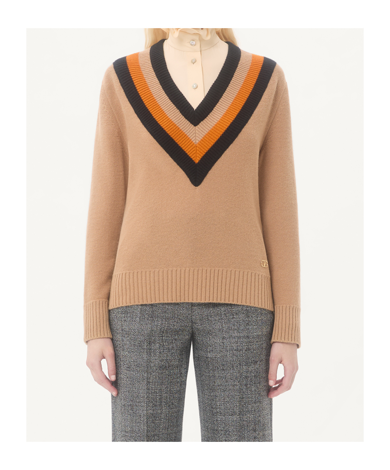 Valentino Chevron-detailed Virgin Wool Sweater In Brown