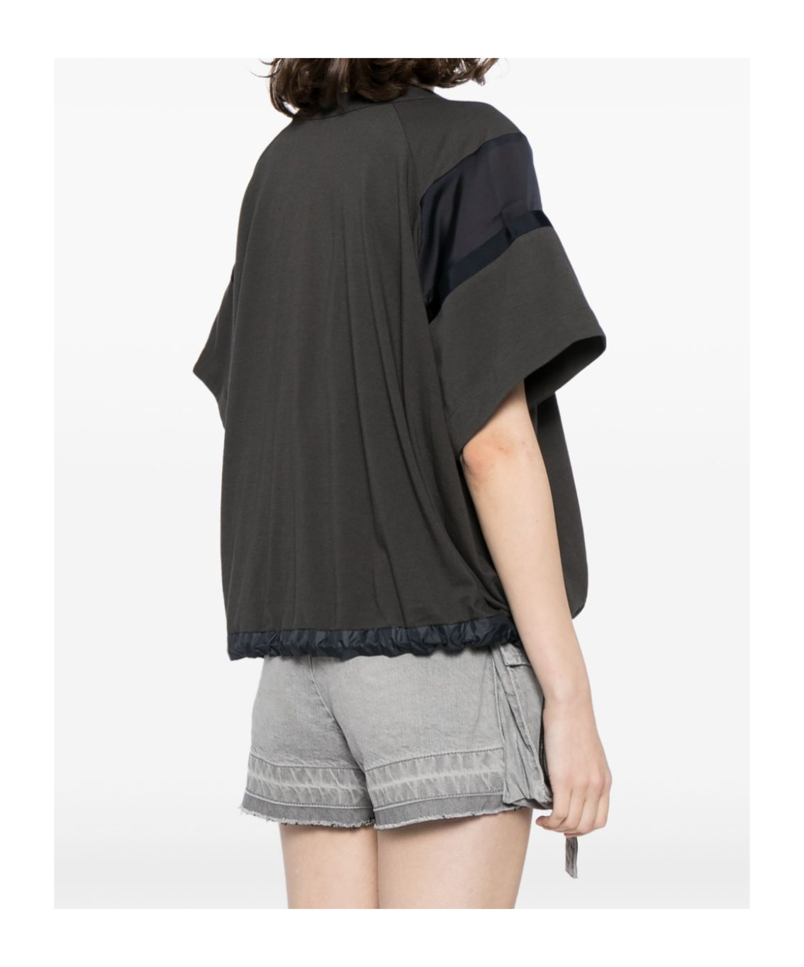 Sacai Cotton Crew Neck T-shirt With Drawstring Hem In Black
