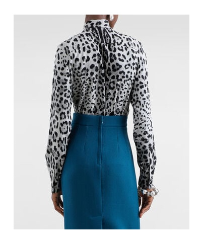 Dolce & Gabbana Leopard-print Charmeuse Shirt With Pussy-bow In Gray