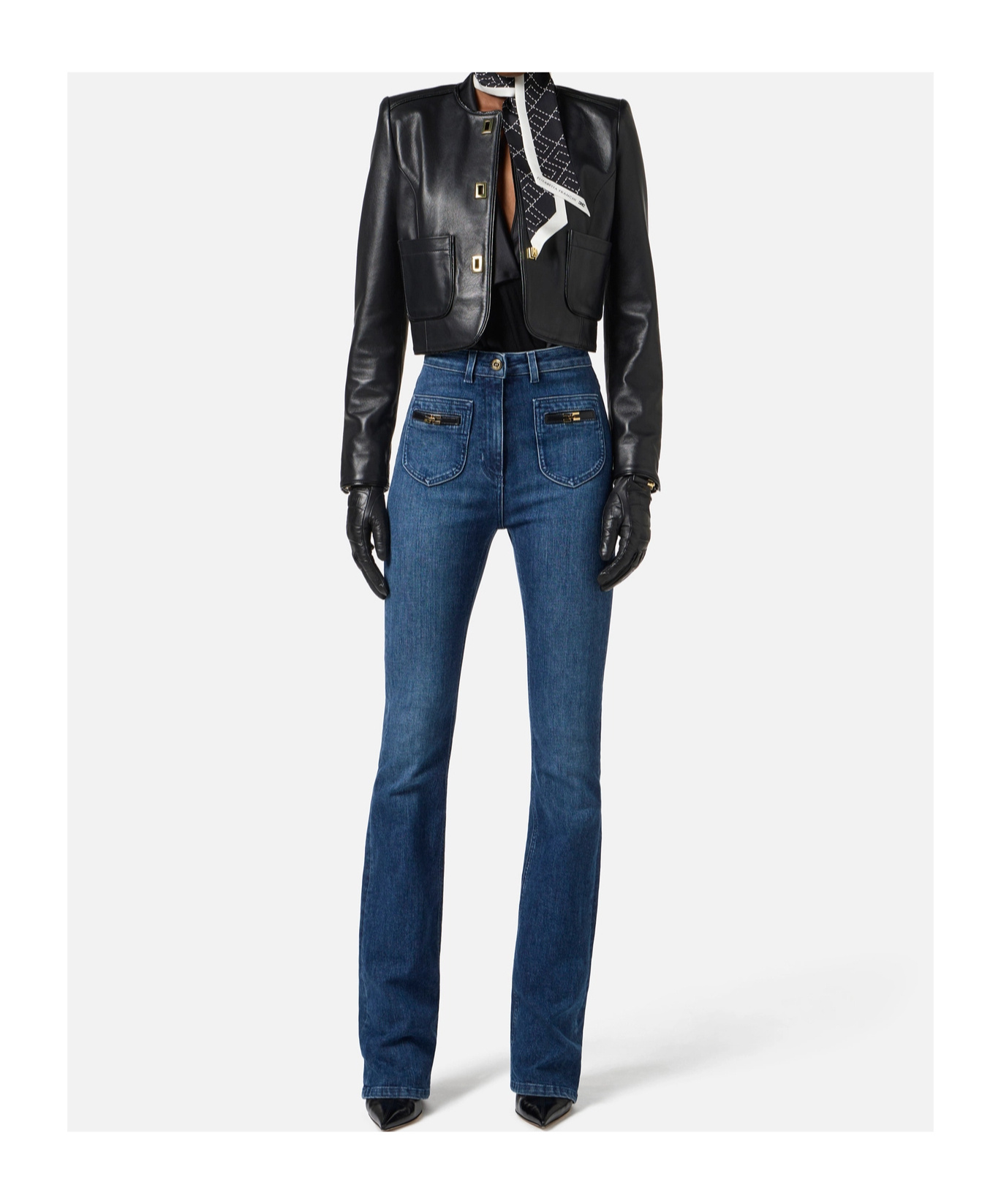 Elisabetta Franchi Leather Jacket With Monogram Metal Details In Black