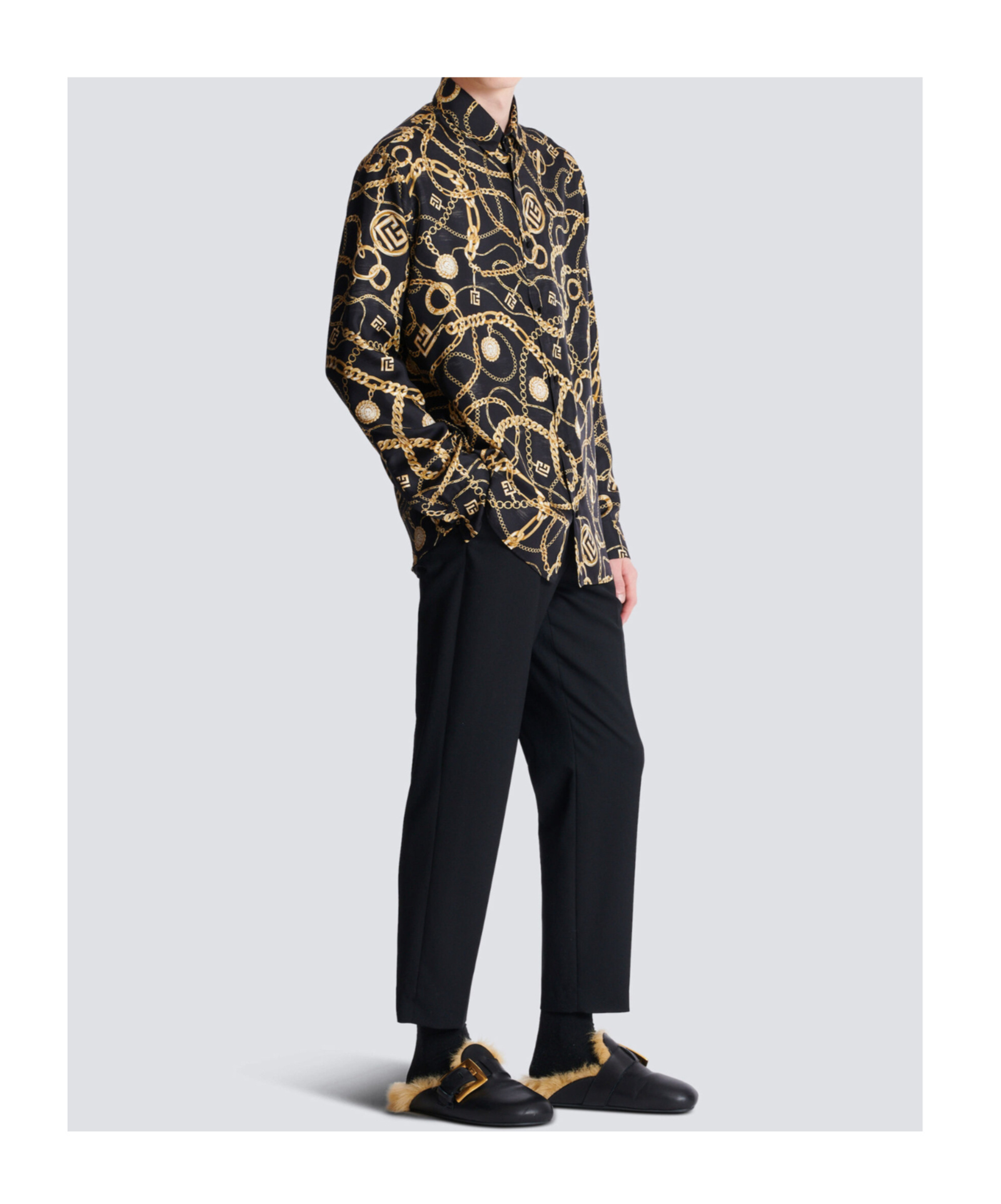 Balmain Black Shirt With Pointed Collar And Chain Print With Logo In Silk Man In Black