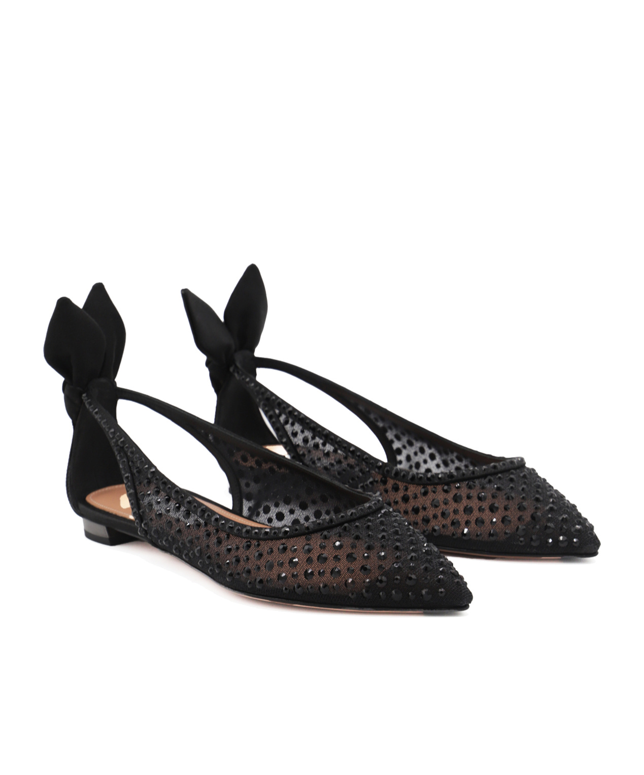 Aquazzura 10mm Bow Tie Crystal & Tulle Flats In Black
