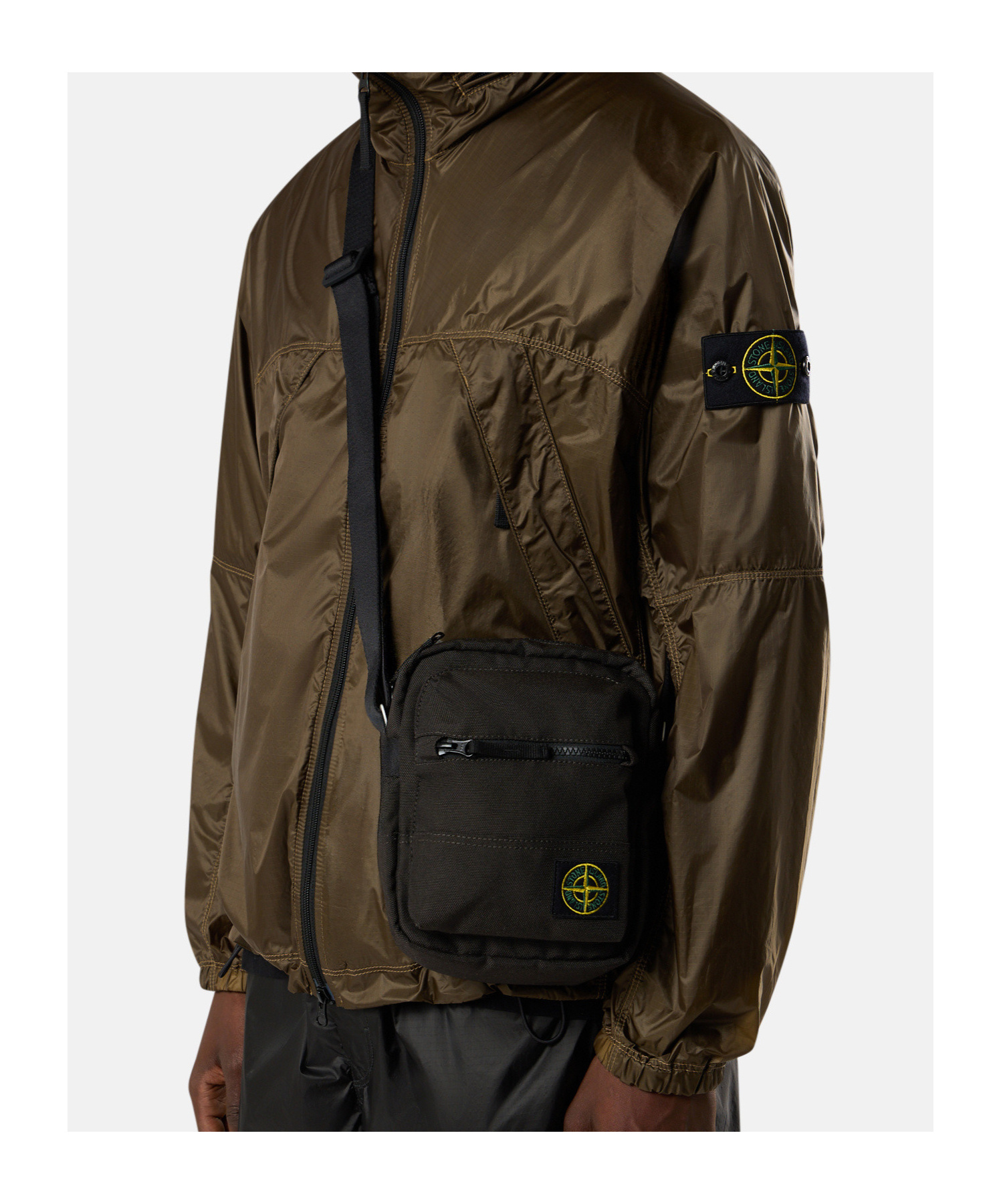 Stone Island Pouch Bag With Zip Compartments And Adjustable Strap In Gray