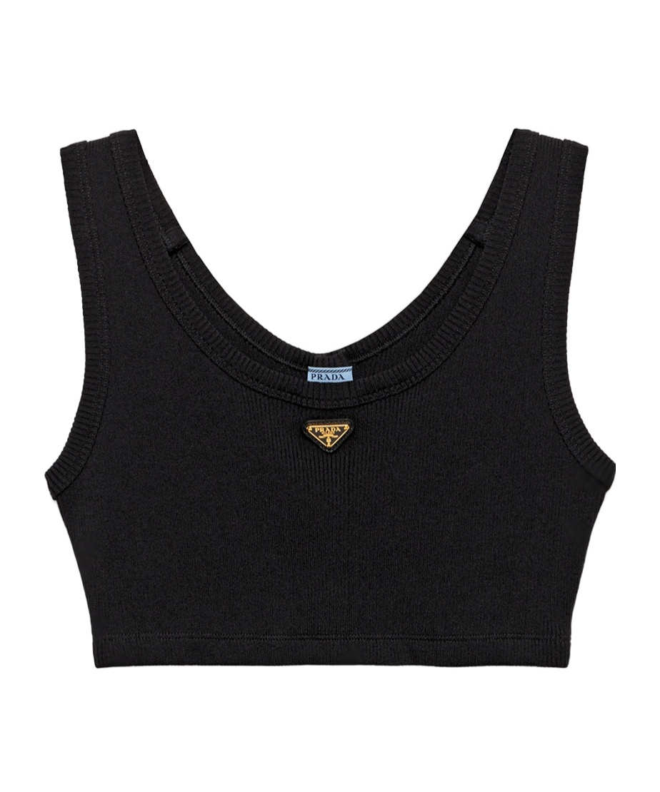 Prada Triangle Logo Ribbed Jersey Crop Top In Black