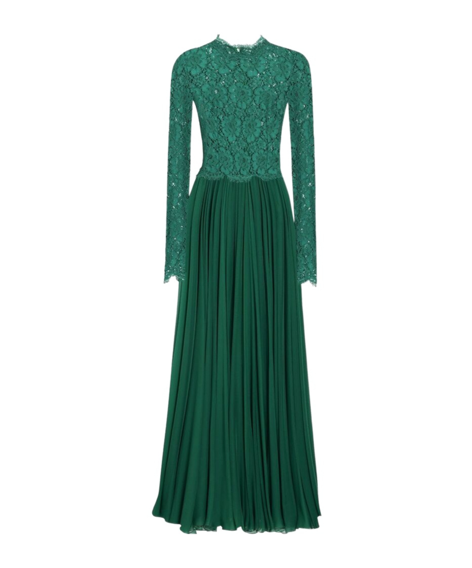 Dolce & Gabbana Silk-blend Lace And Pleated Chiffon Gown In Green