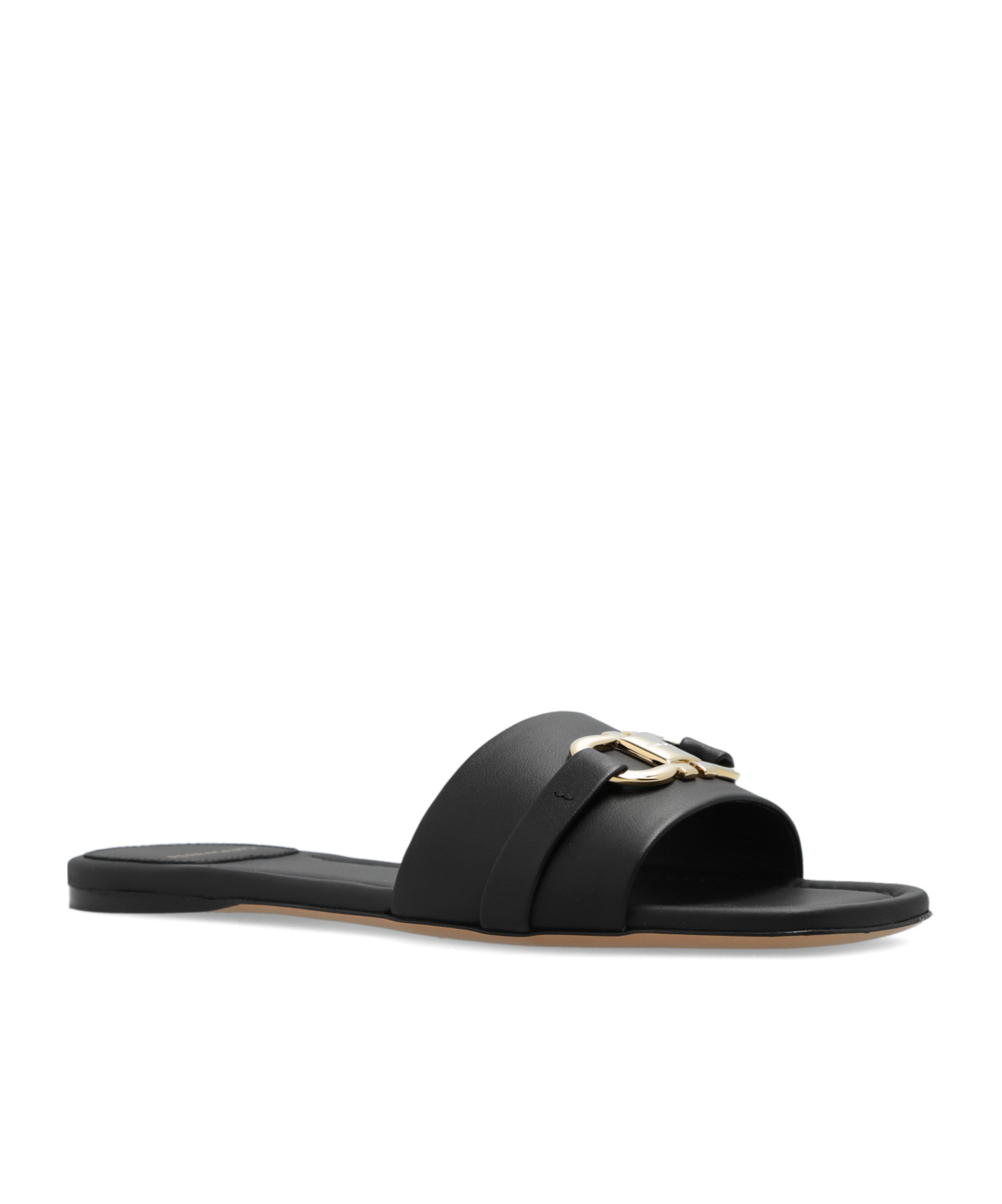 Ferragamo Leather Slides With Flat Sole And Gold-tone Hardware In Black