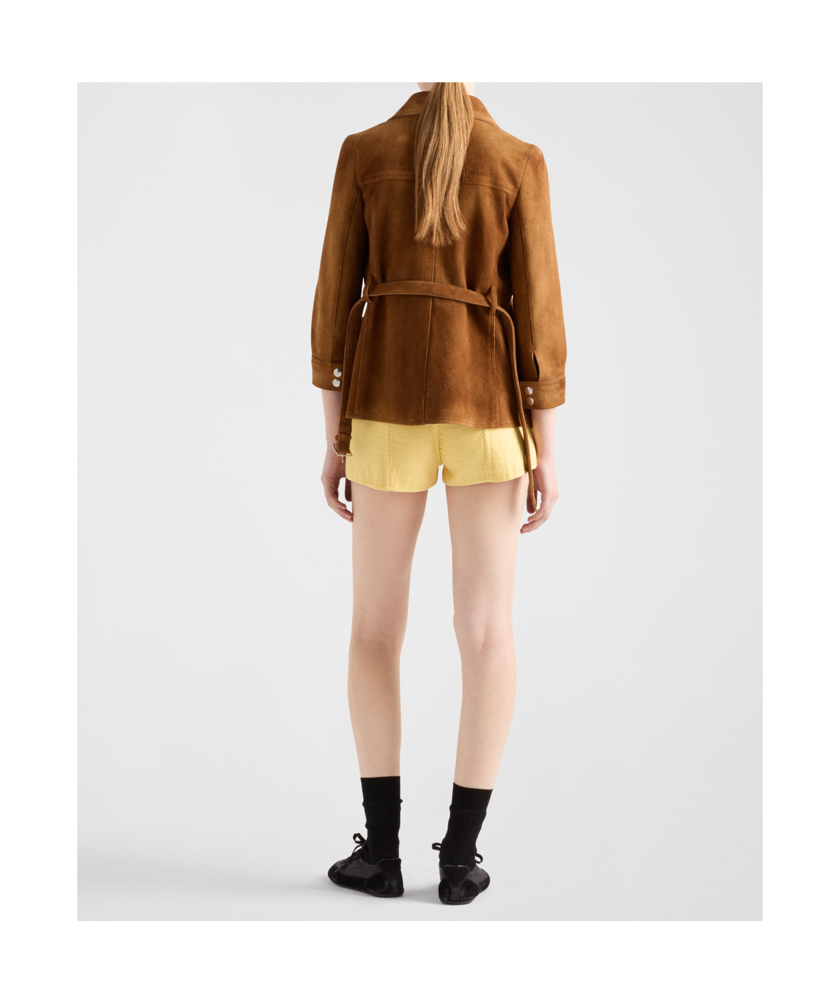 Prada Logo Patch Double Mini Shorts In Yellow