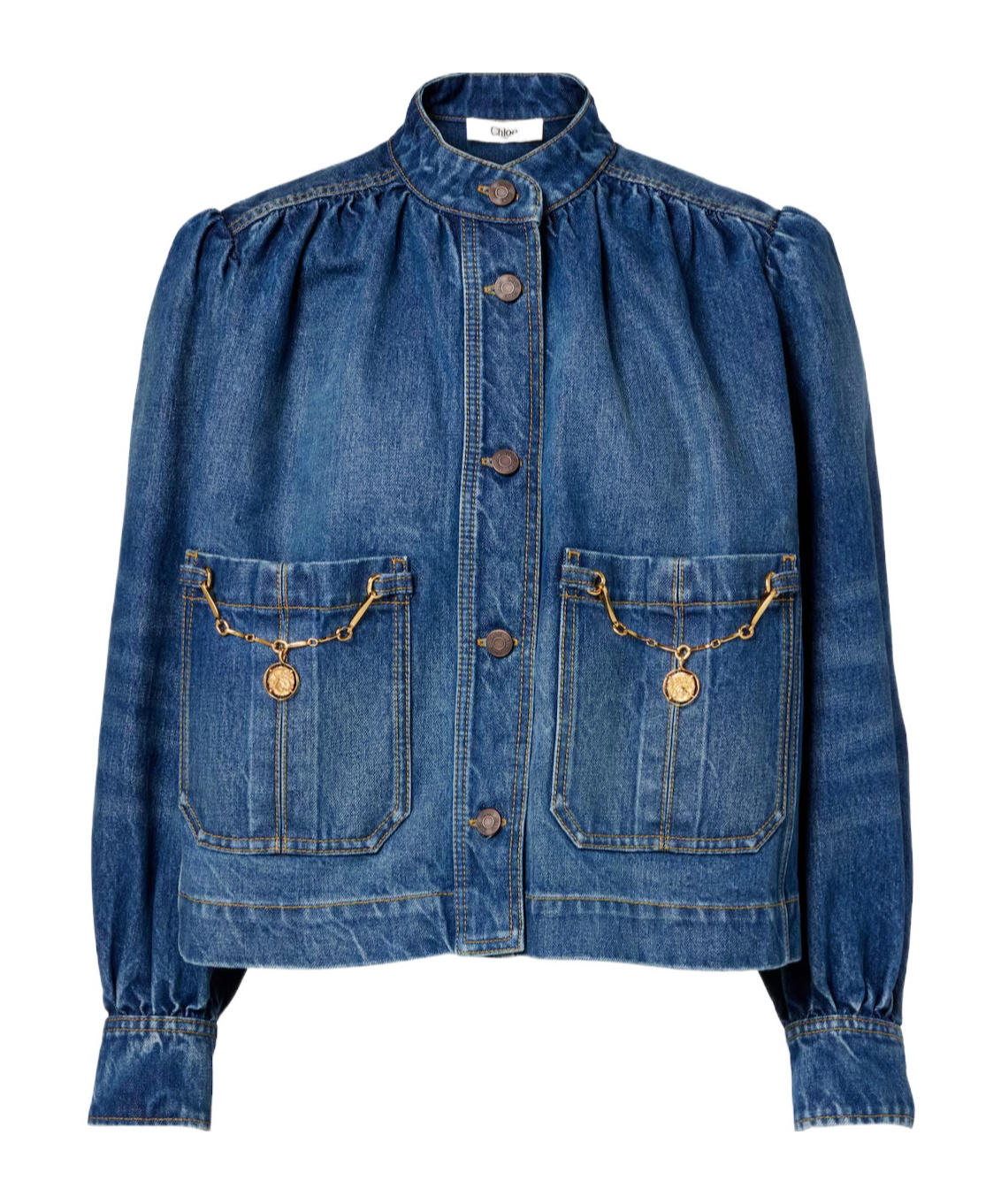 Chloé Blue Jacket With High Neck And Chain Detail On The Front In Denim Woman