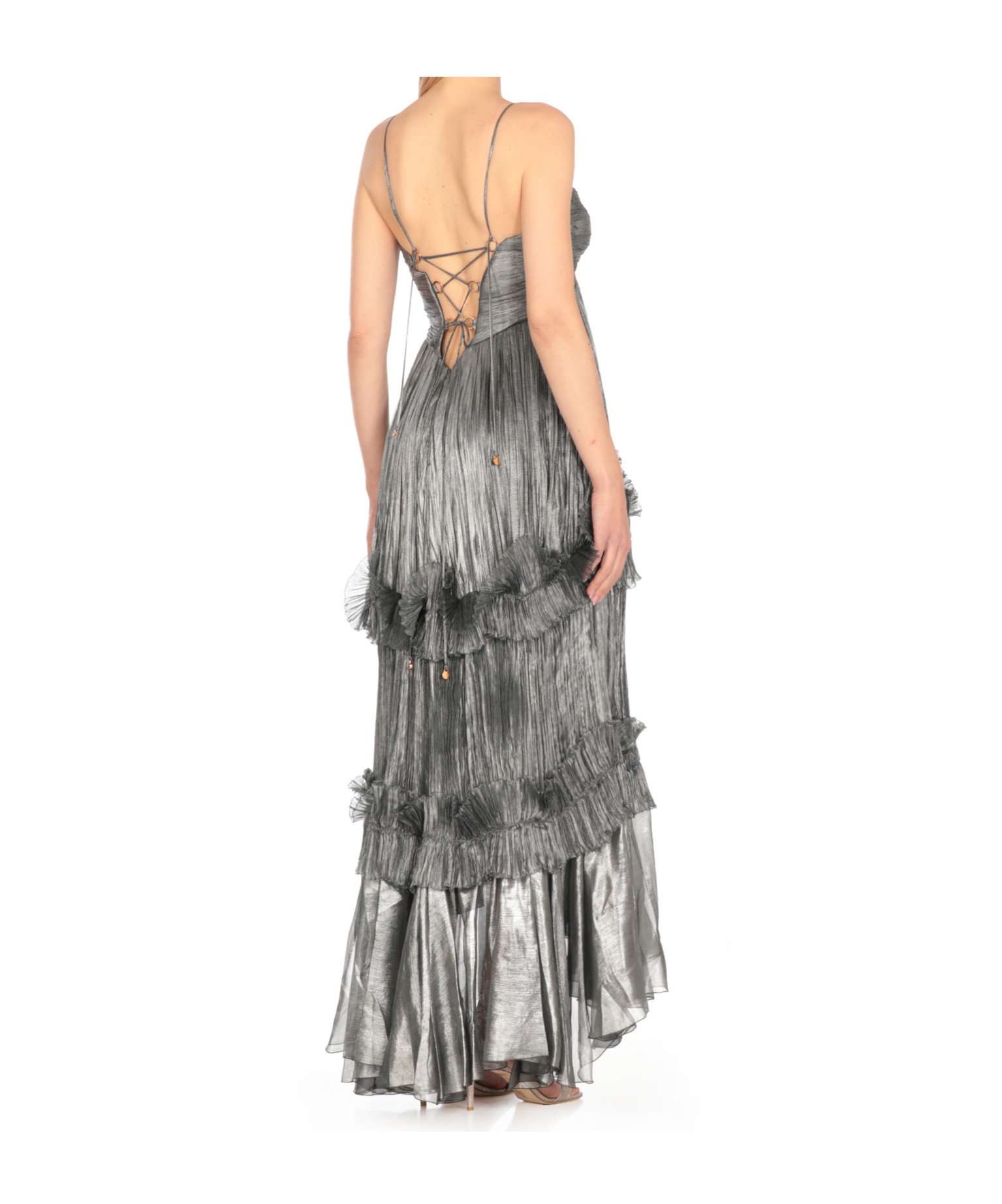 Maria Lucia Hohan Silk Draped Maxi Dress With Ruffle Details In Gray