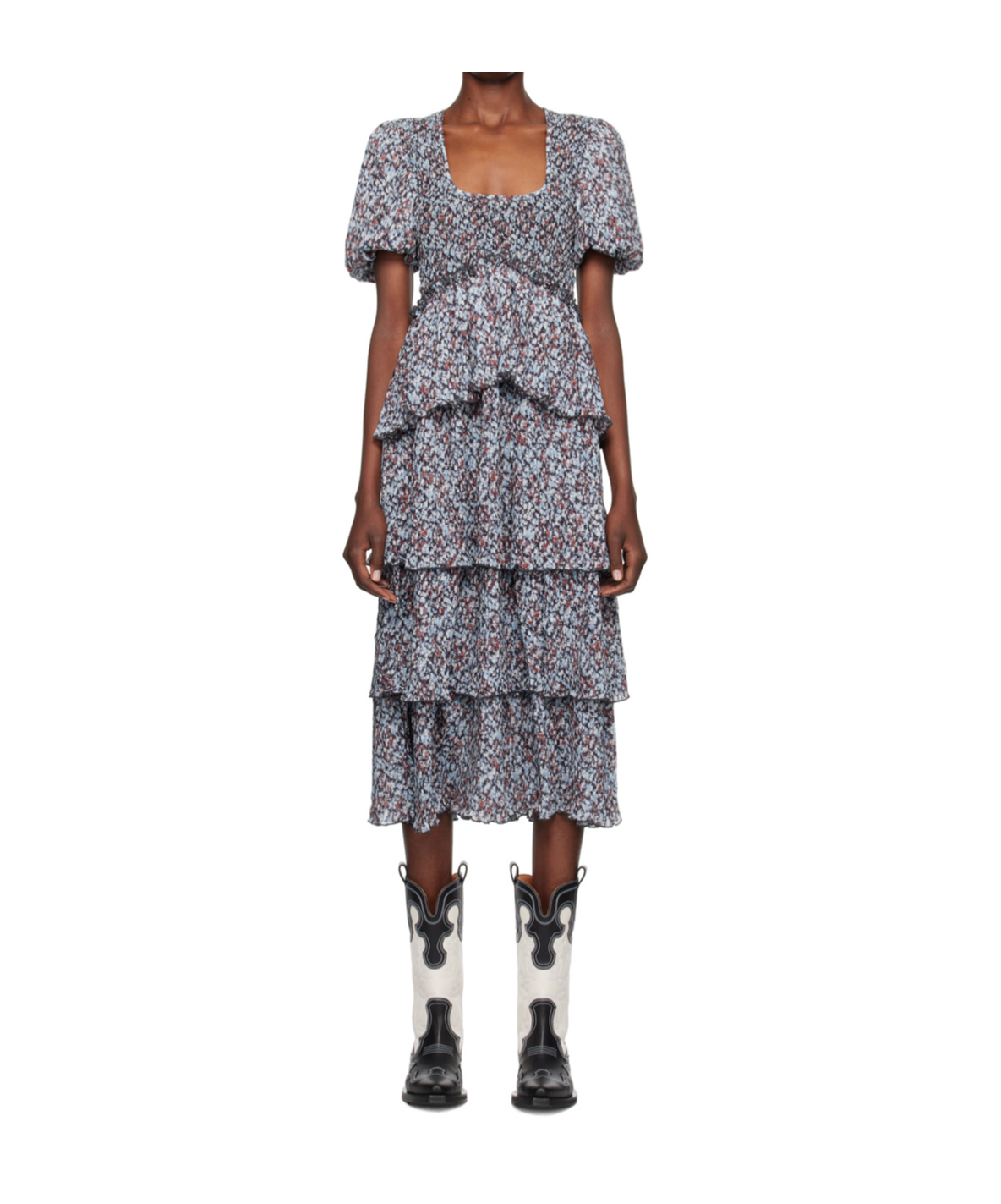 Ganni Printed Ruffled Midi Dress In Gray