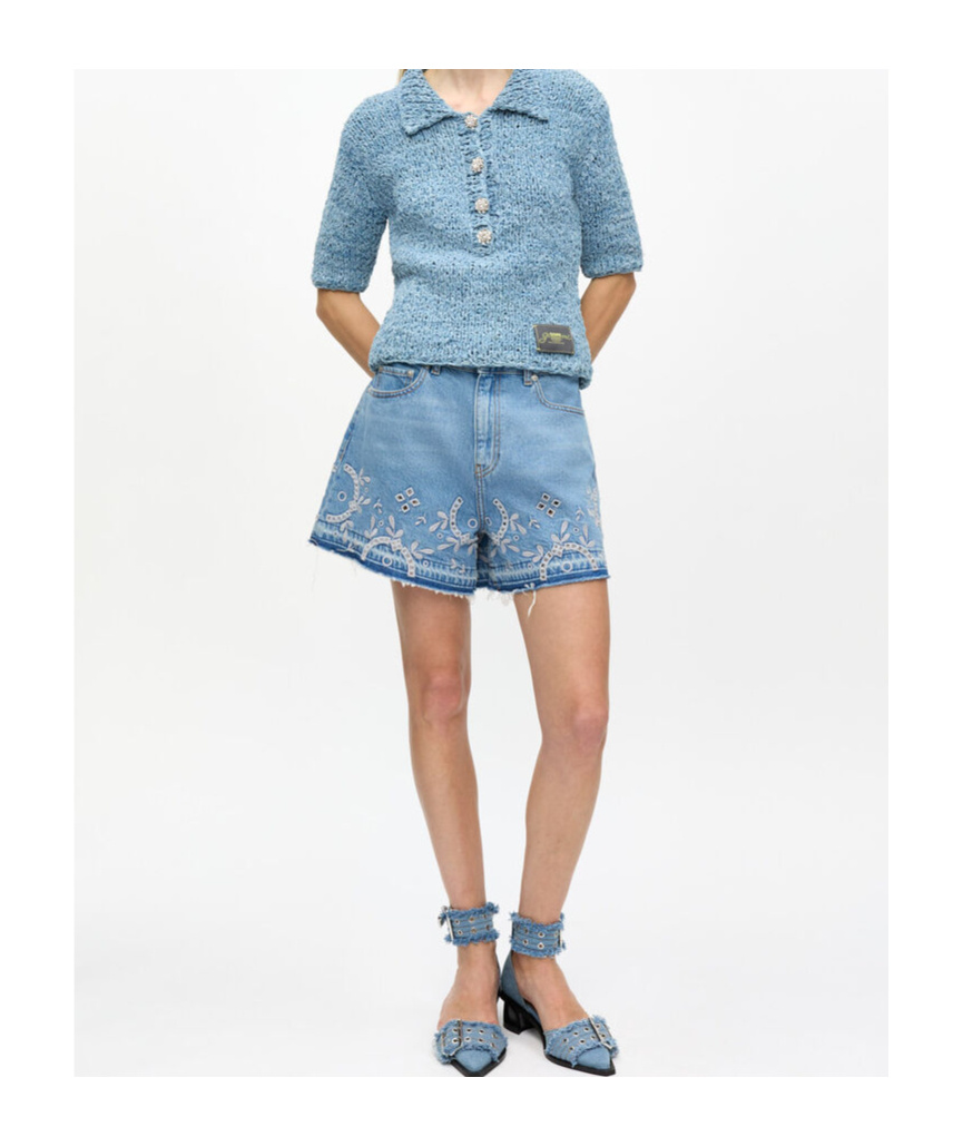 GANNI BLUE DENIM HANDKNIT POLO 
