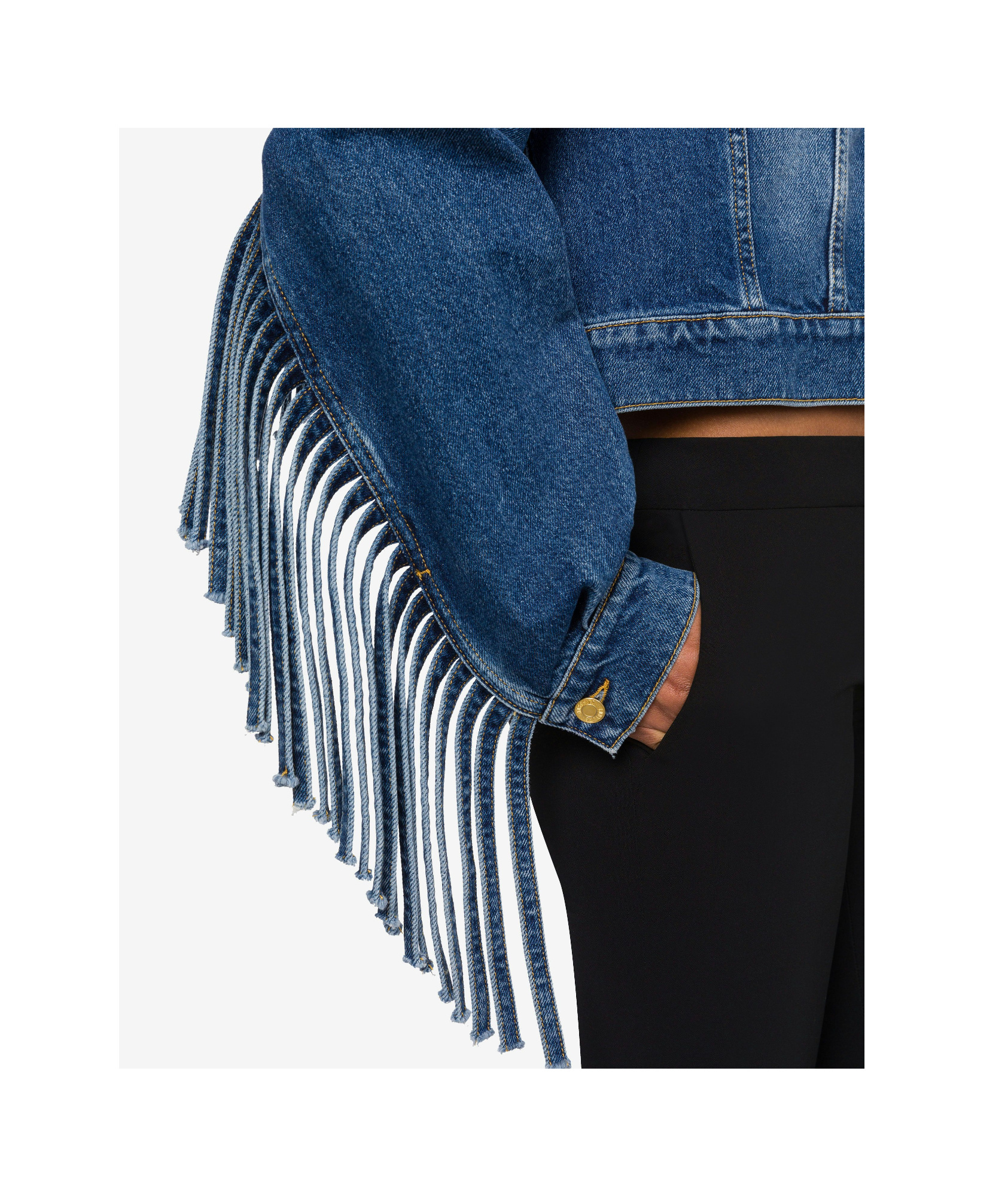 Moschino Fringed Cropped Denim Jacket In Blue