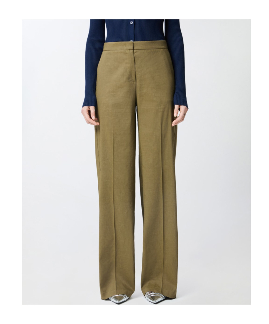 Pinko Wide Leg Linen Blend Trousers In Green
