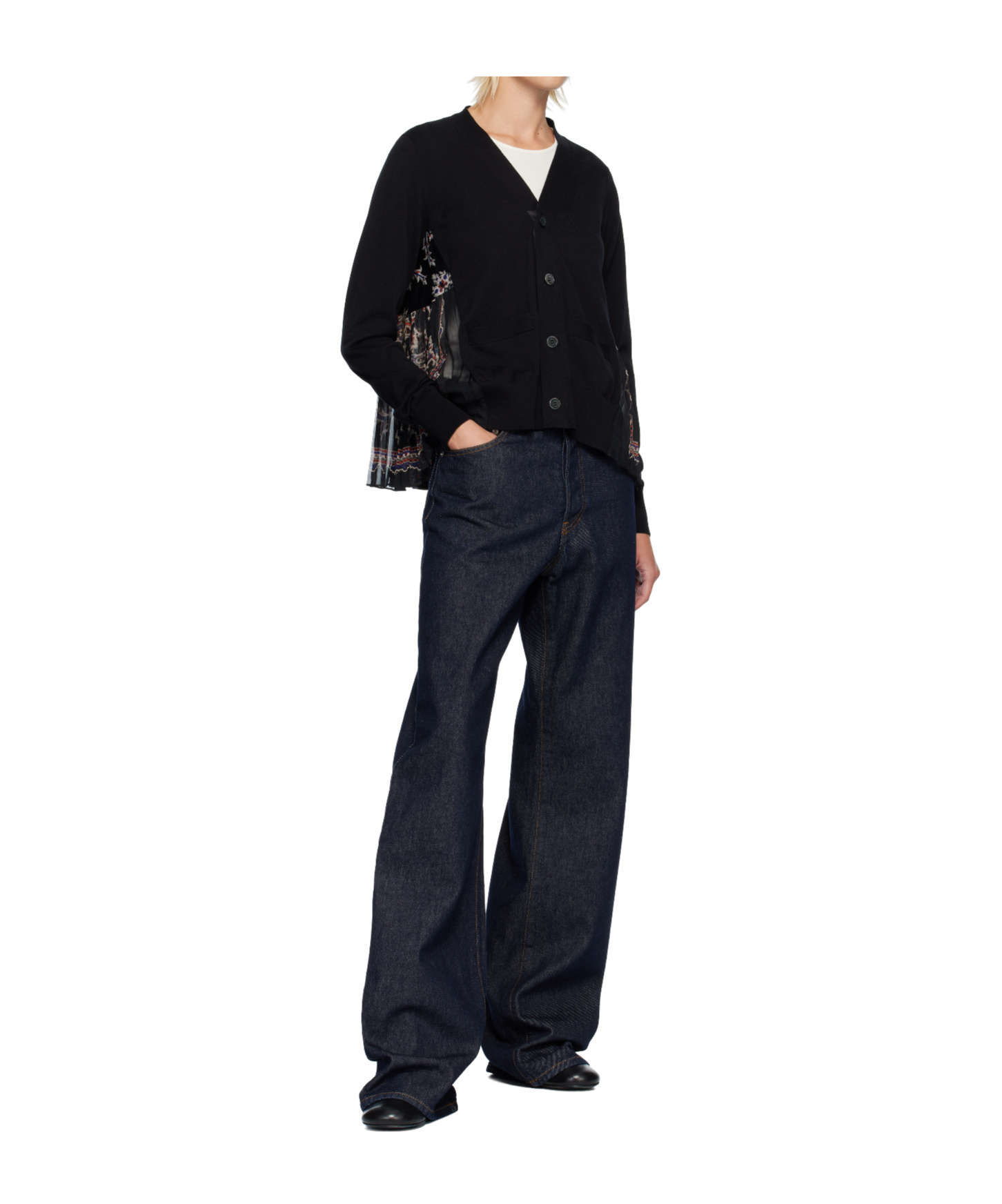 Sacai Printed Cotton Knit Cardigan In Black