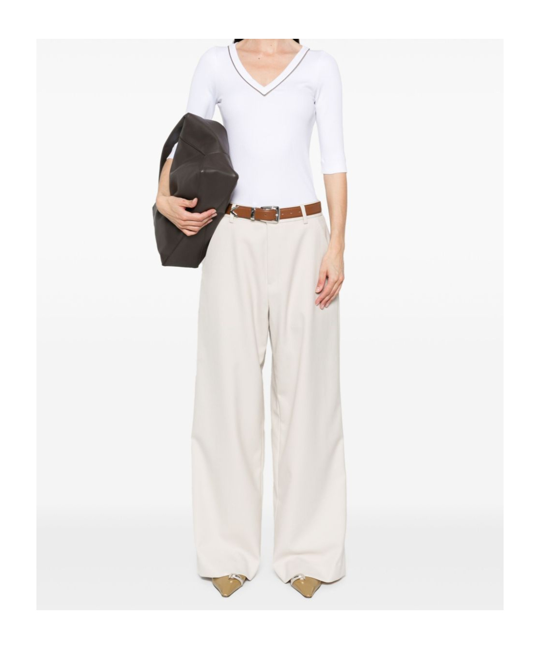 Brunello Cucinelli Ribbed V-neck 3/4 Sleeves Crewneck Contrast Trim In White