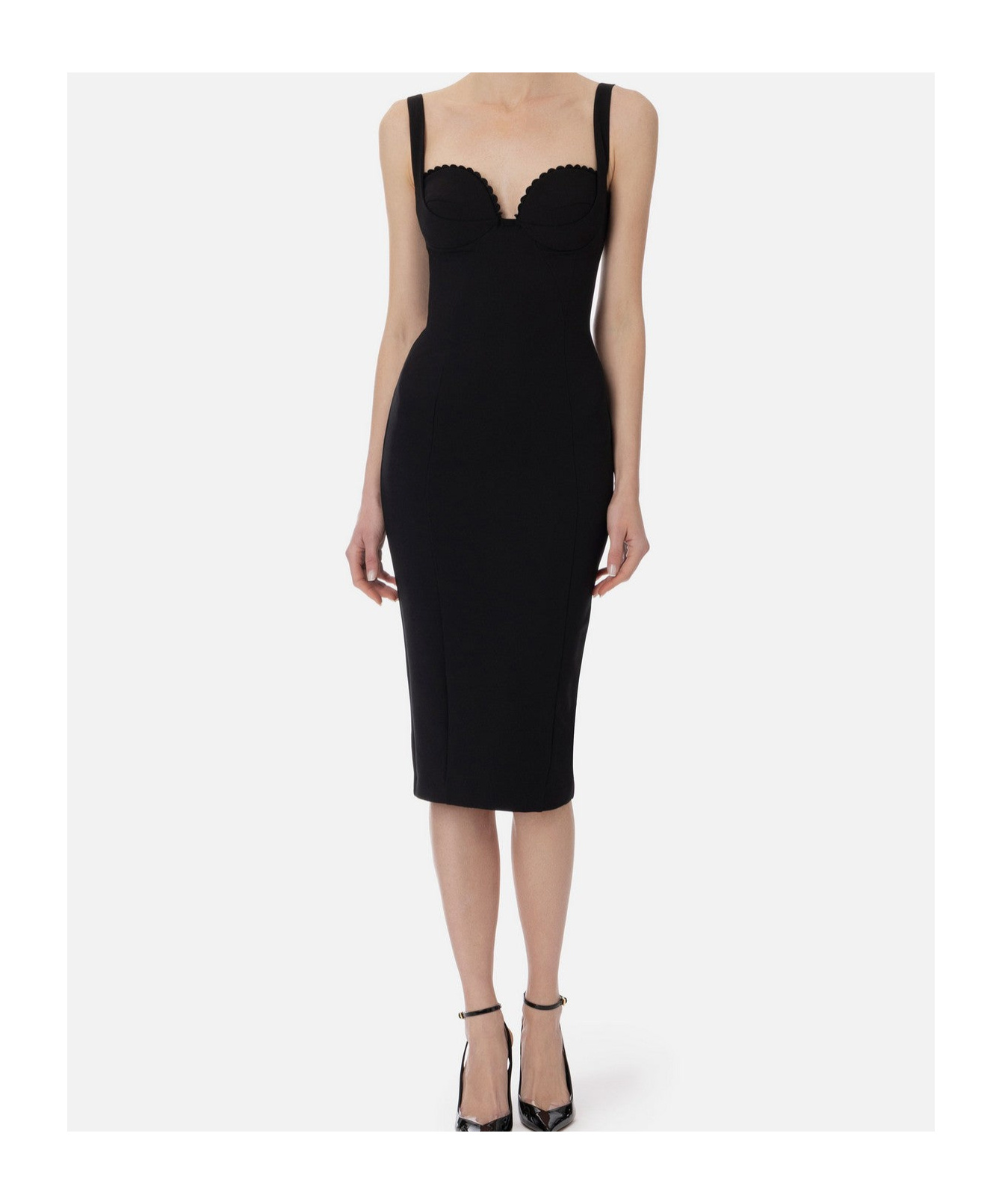 Elisabetta Franchi Double Stretch Crepe Dress With Embroidered Scalloping In Black