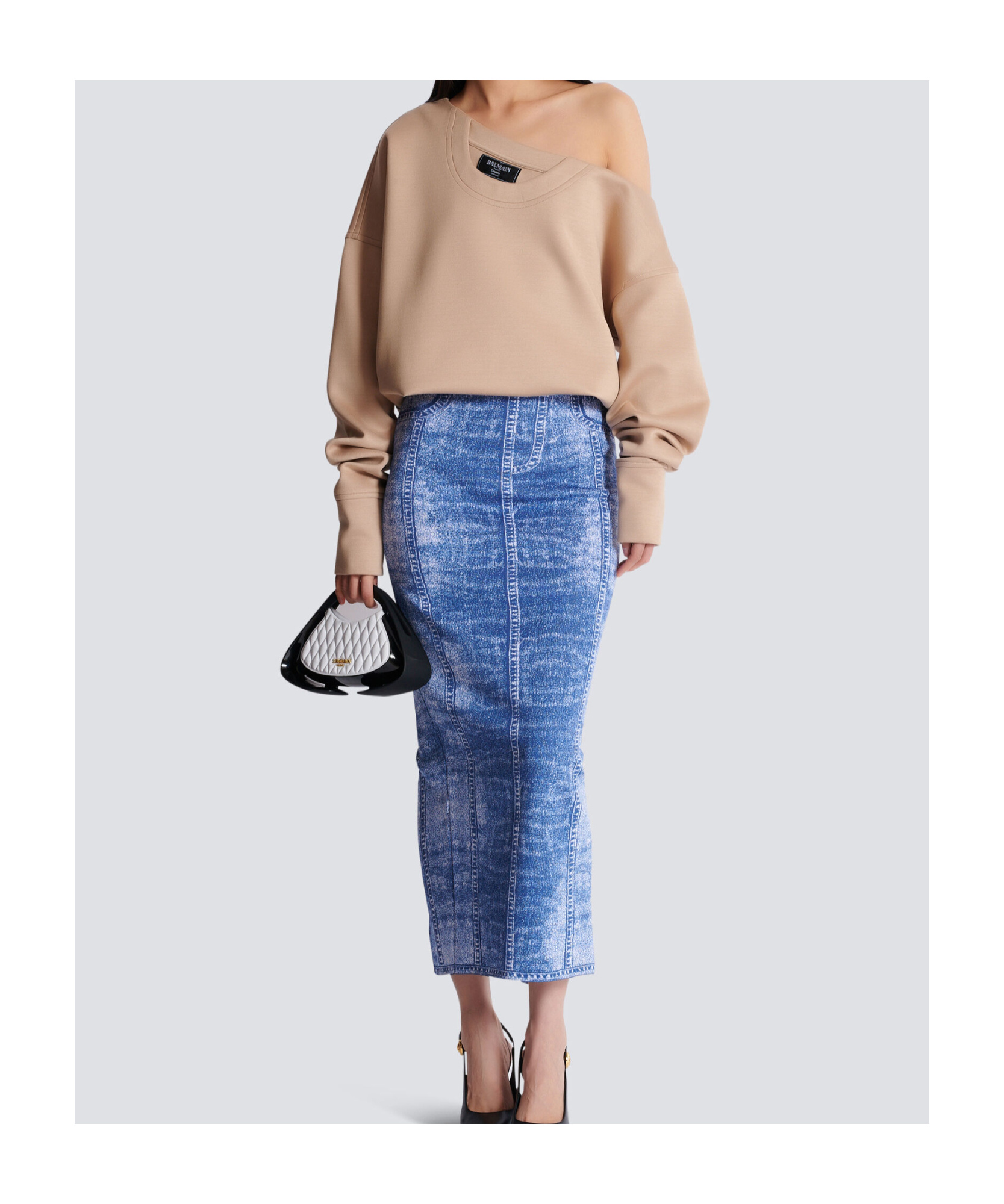 Balmain Beige Asymmetrical Jersey Off-the-shoulder Sweatshirt In Nude