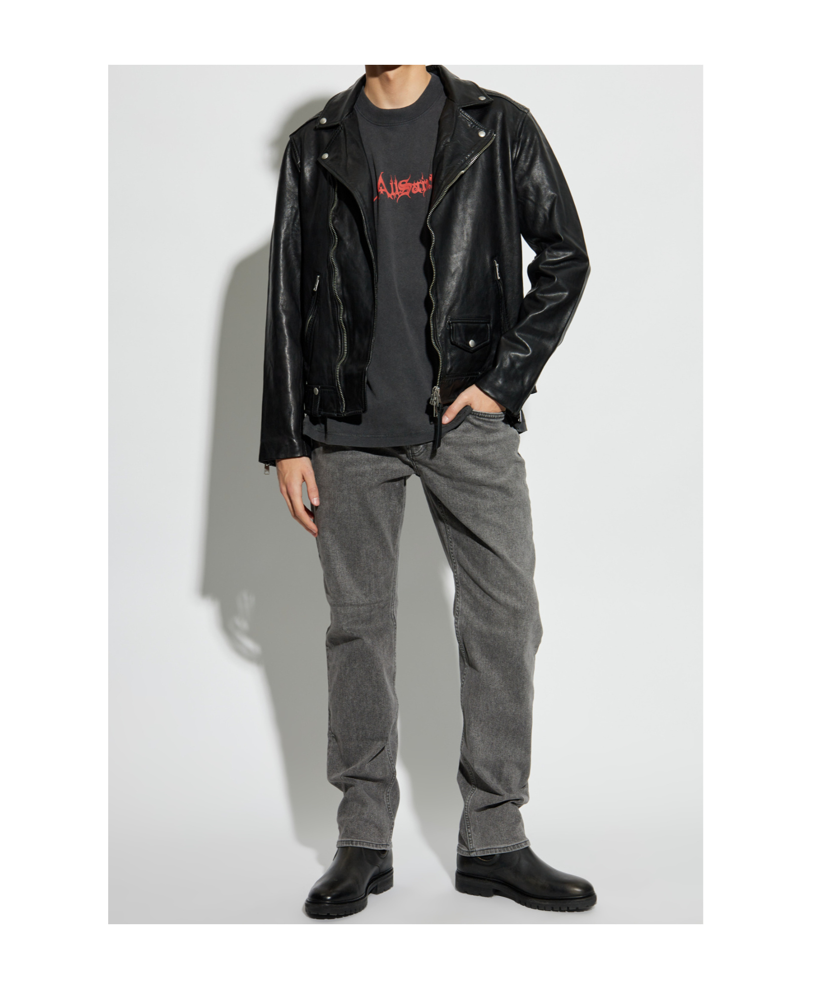 Allsaints Long-sleeved Leather Jacket In Black
