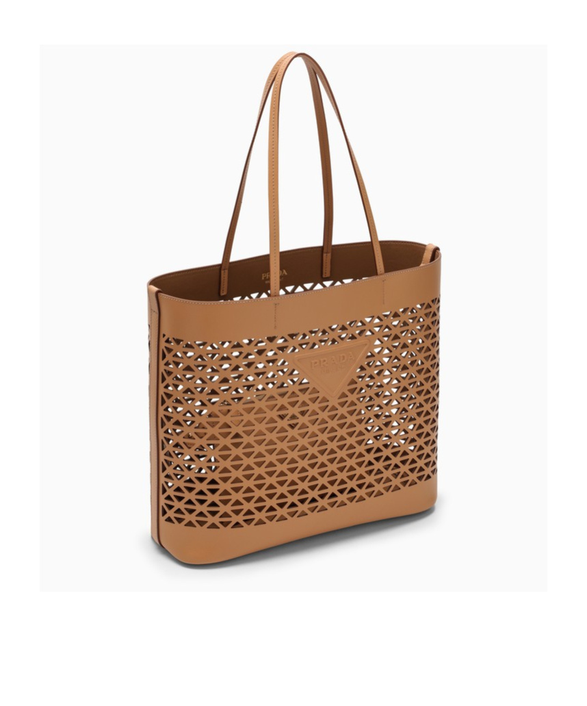 Prada Large Brown Perforated Leather Shopping Bag In Nude