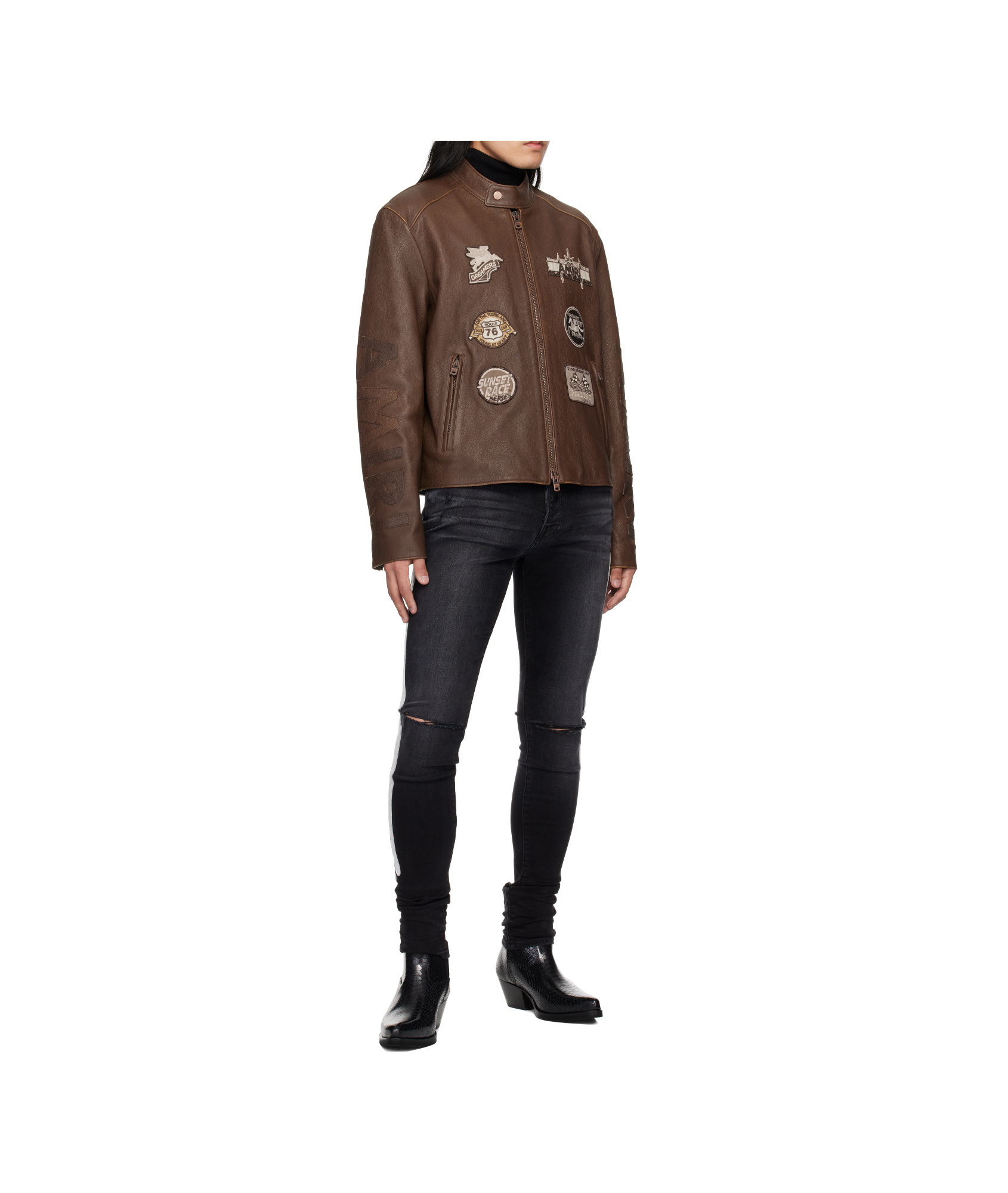 Amiri Patch Racing Leather Jacket In Brown