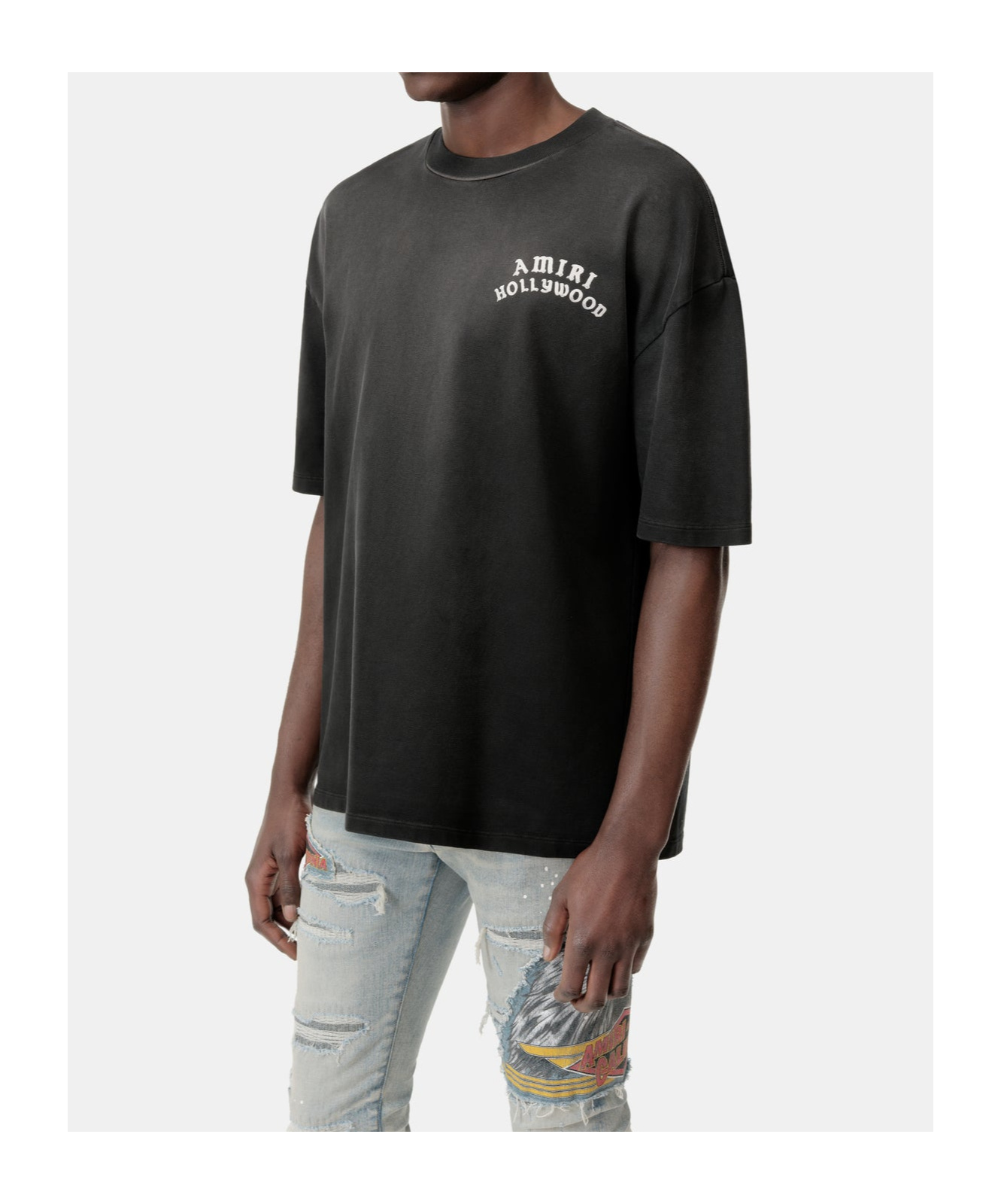 Amiri Black Crewneck T-shirt With Logo Lettering On Front And Rear In Blue