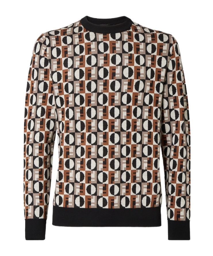 Fendi Crew Neck Sweater Geometric Design In Brown