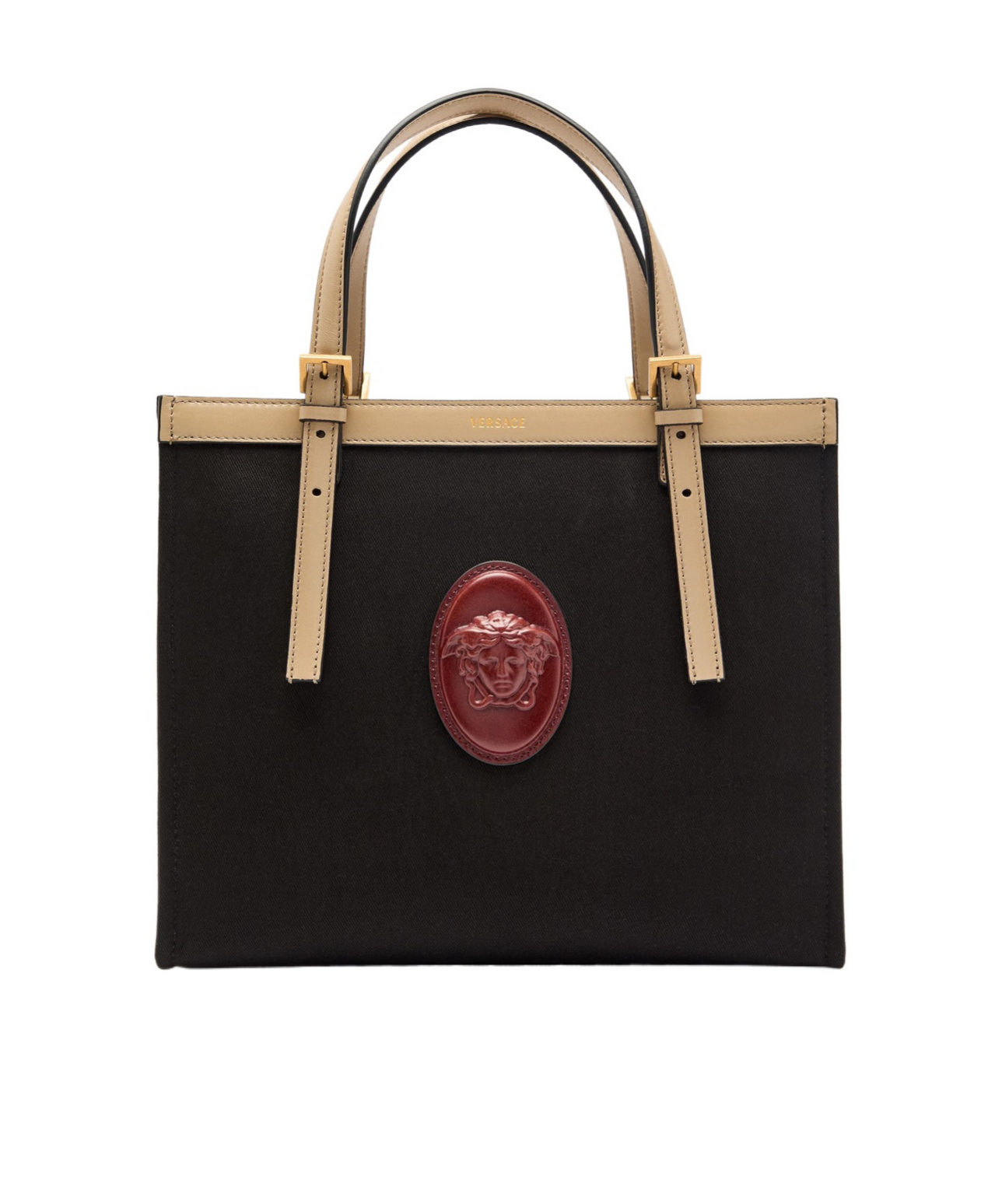 Versace Canvas Leather Tote Bag In Black