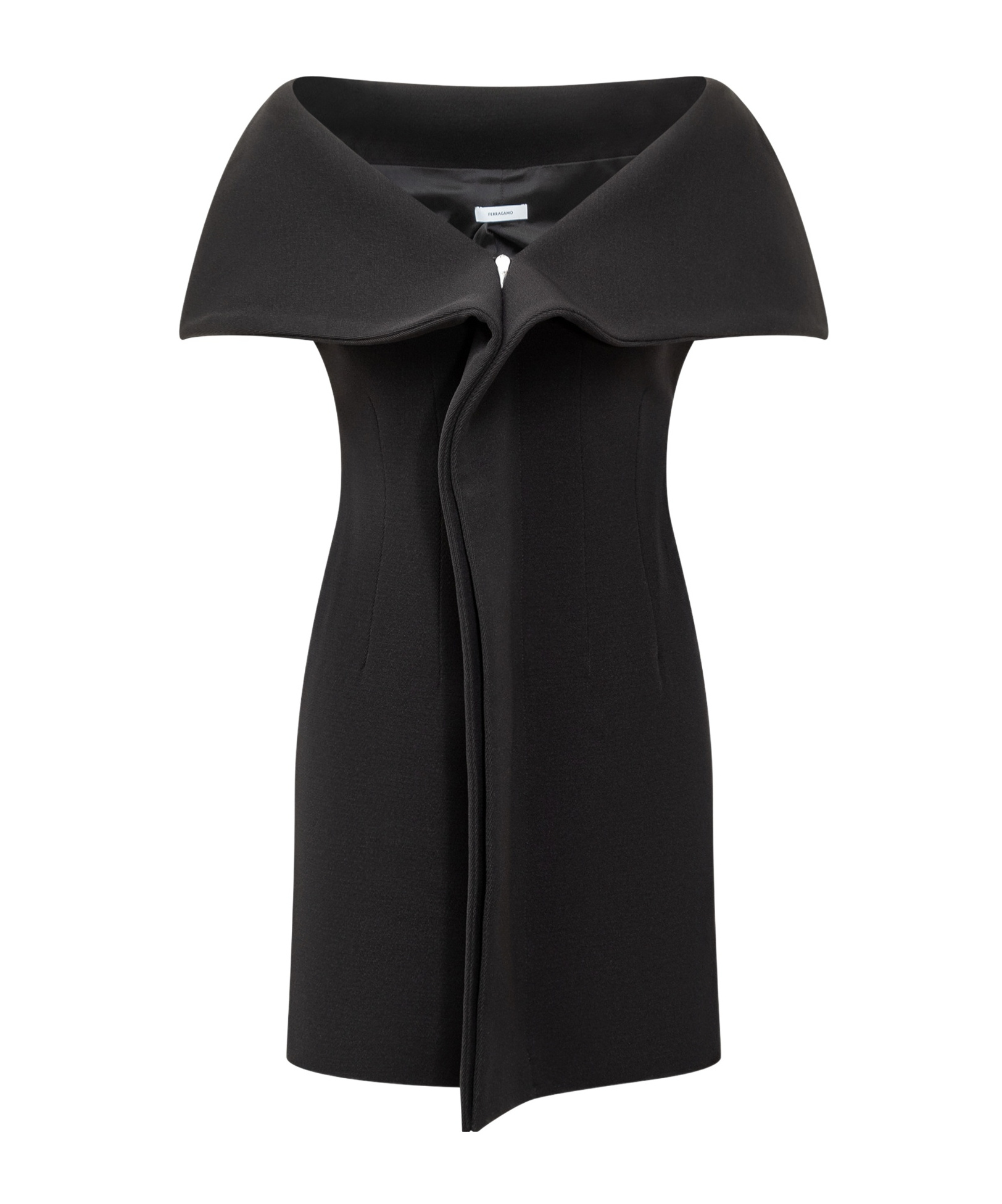 Ferragamo Black Short Dress With Bardot Neckline In Wool Blend Stretch Woman In Black