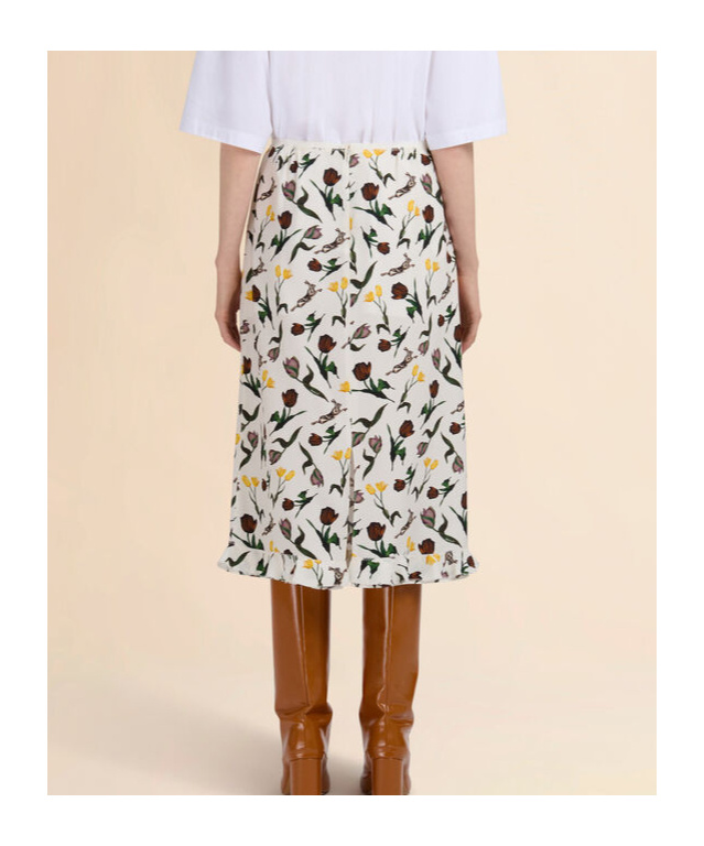 Marni Cream Envers Satin Midi Skirt With Tulips And Hares Print In Multi