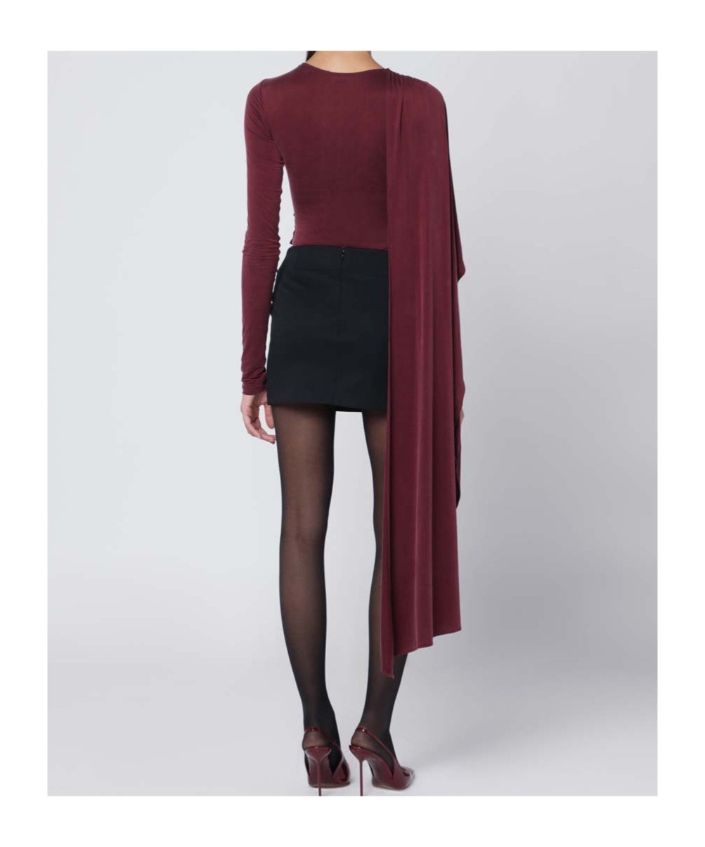 The Andamane Asymmetric Long Sleeve Bodysuit With Draped Detail In Red