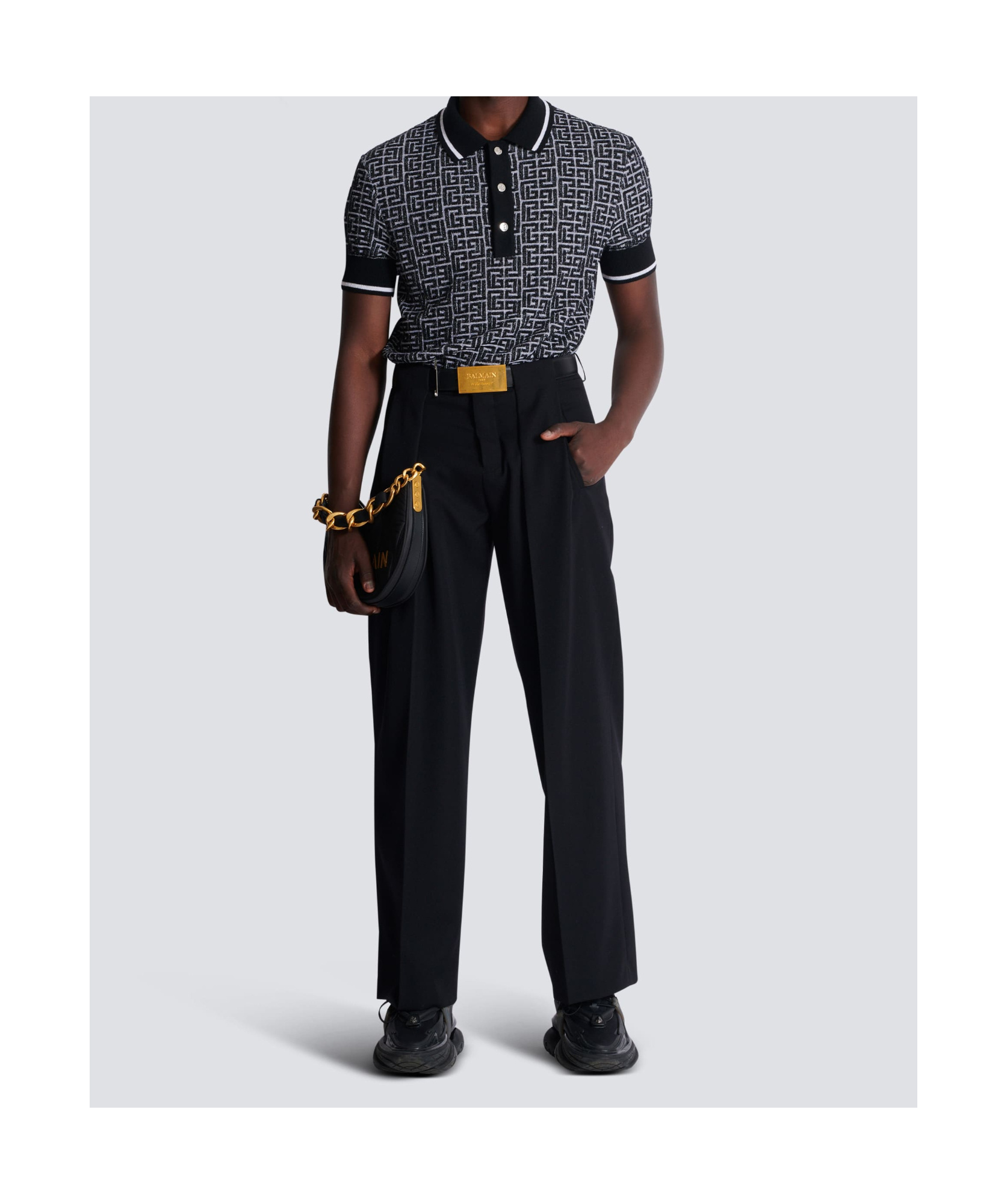 Shop Balmain Pb Labyrinth Knit Polo Shirt In Black