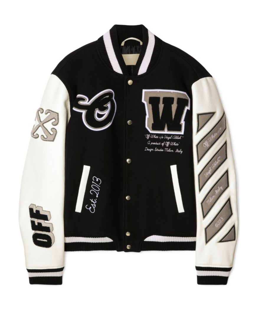 Off-white Leather And Wool Varsity Bomber In Black