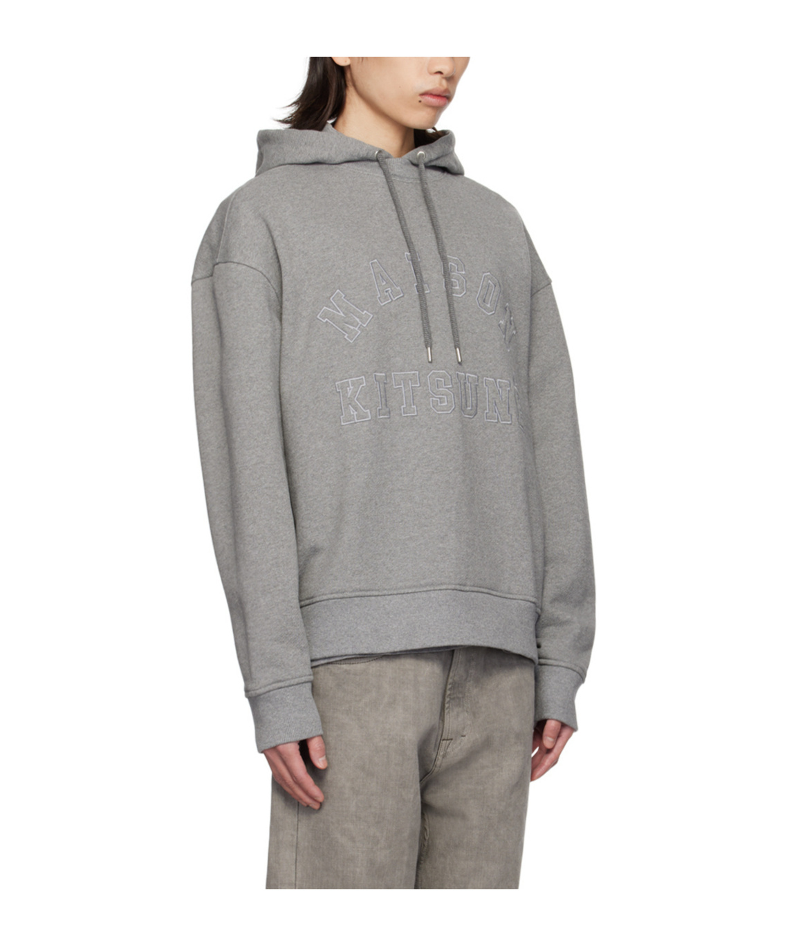 Shop Maison Kitsuné Logo Patch Drawstring Hoodie In Gray