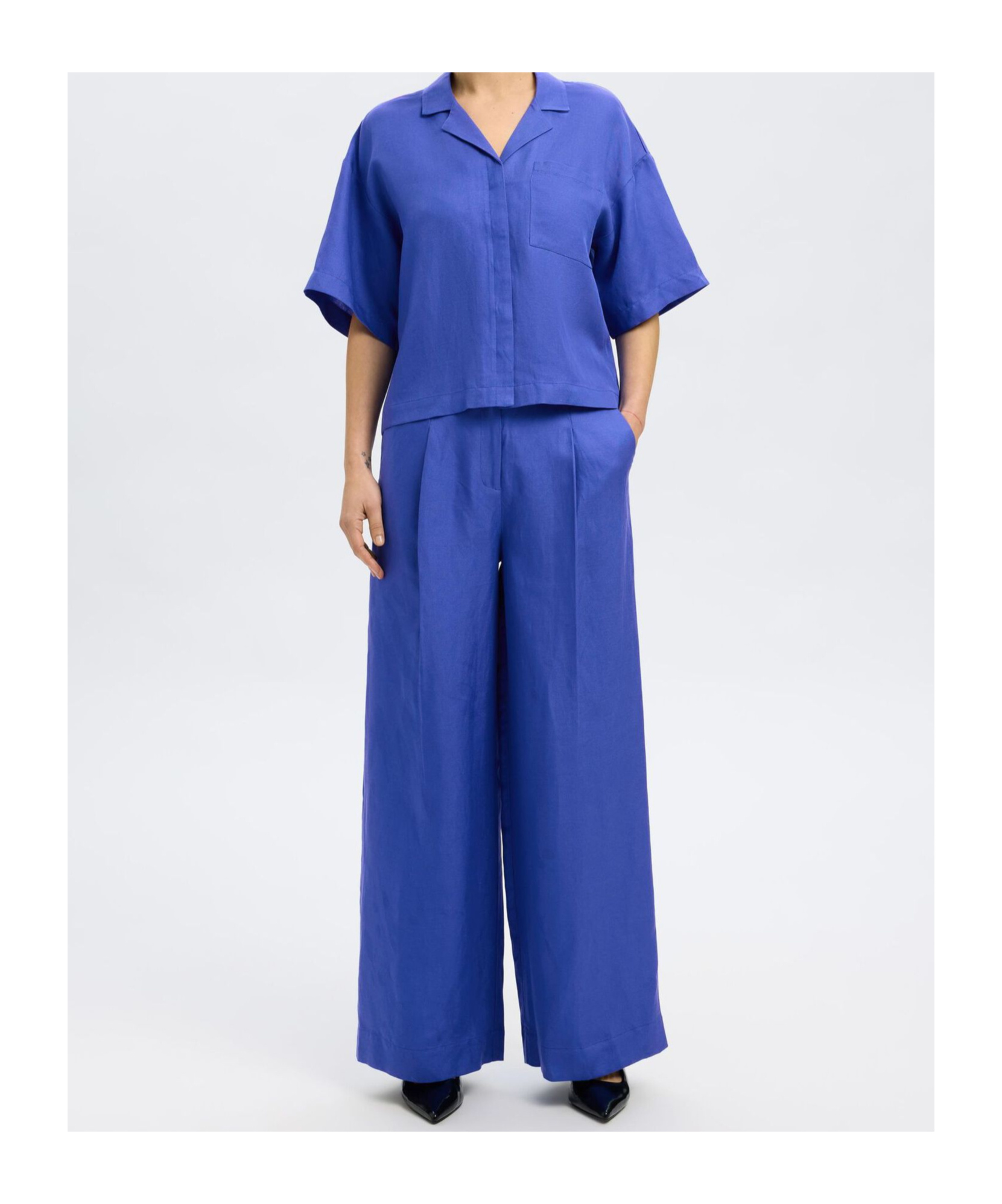 Selected High-waisted Wide-leg Casual Pants In Blue
