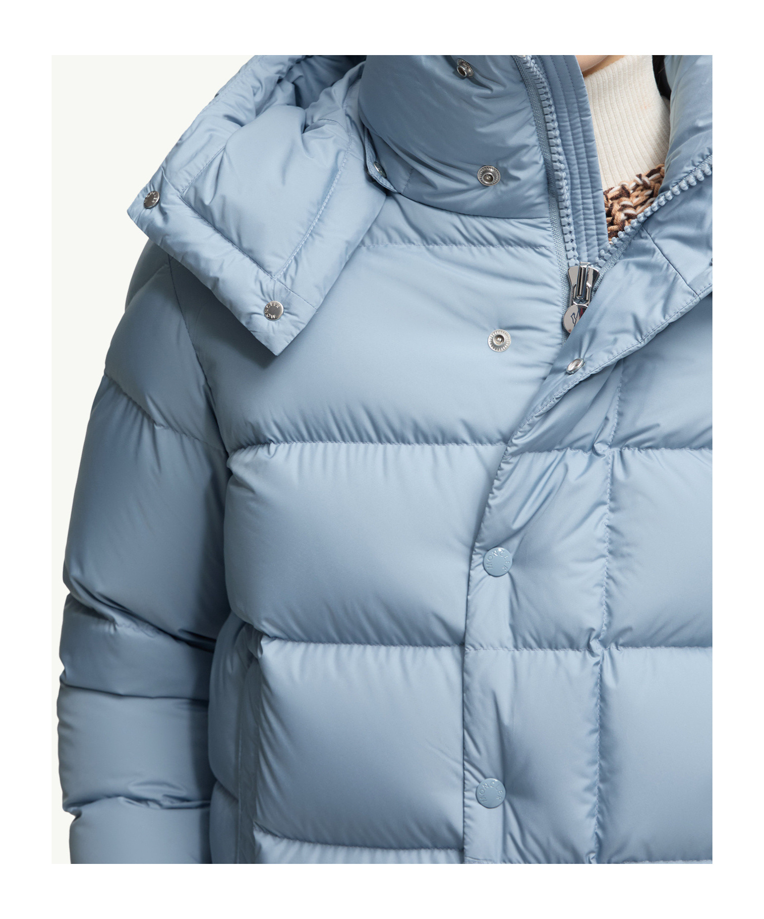 Moncler Long Little Down Jacket With Square Quilting And Hood In Blue