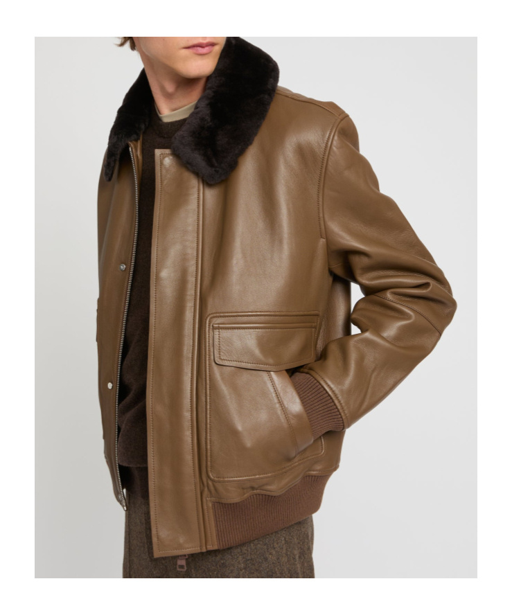 Yves Salomon Leather Aviator Jacket With Merino Lambskin Shearling Collar In Brown